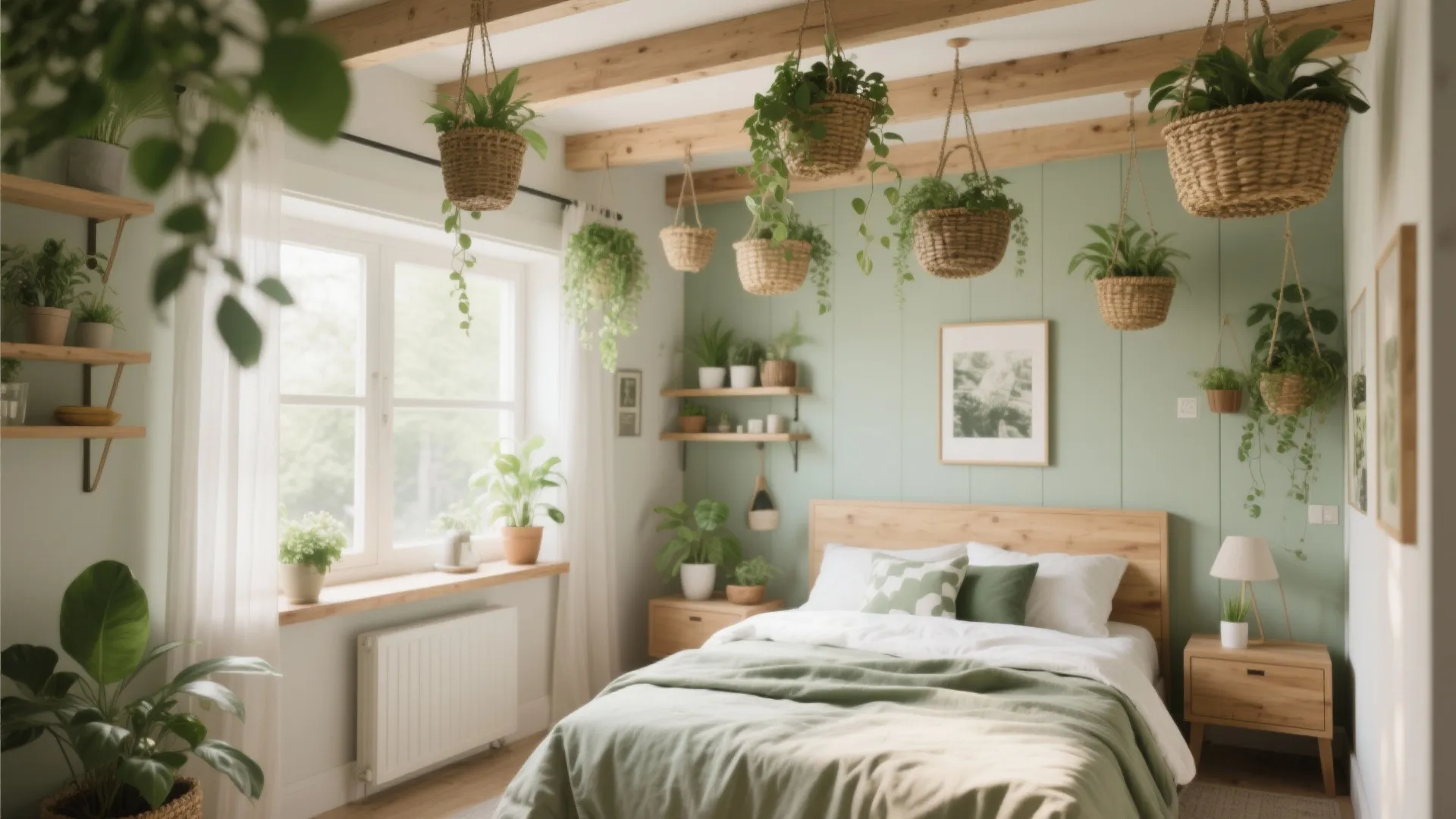 Cozy bedroom with green walls wooden bed hanging plants from ceiling beams and natural light