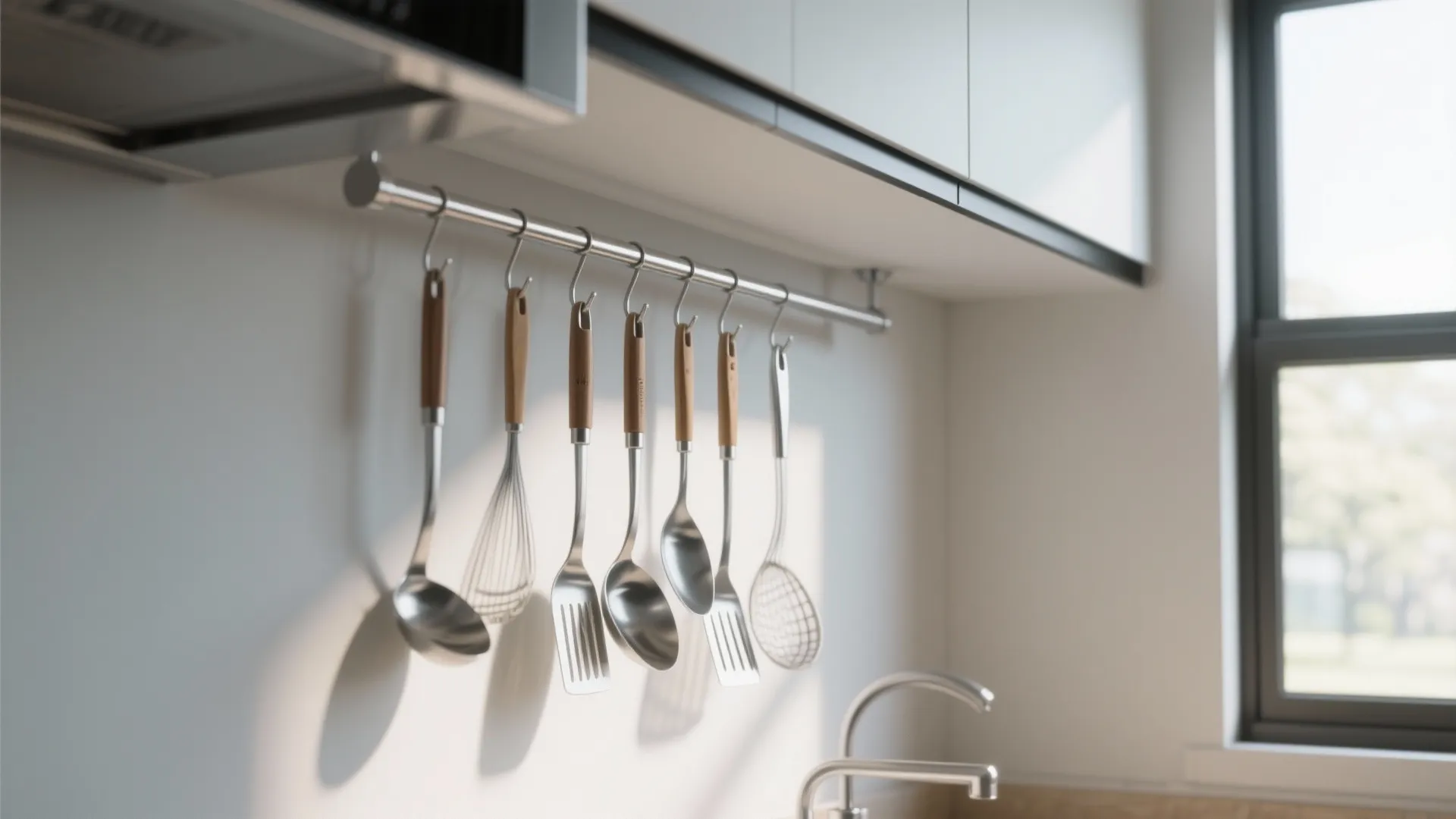 Ceiling-mounted metal storage rail across a corner kitchen window with hanging utensils