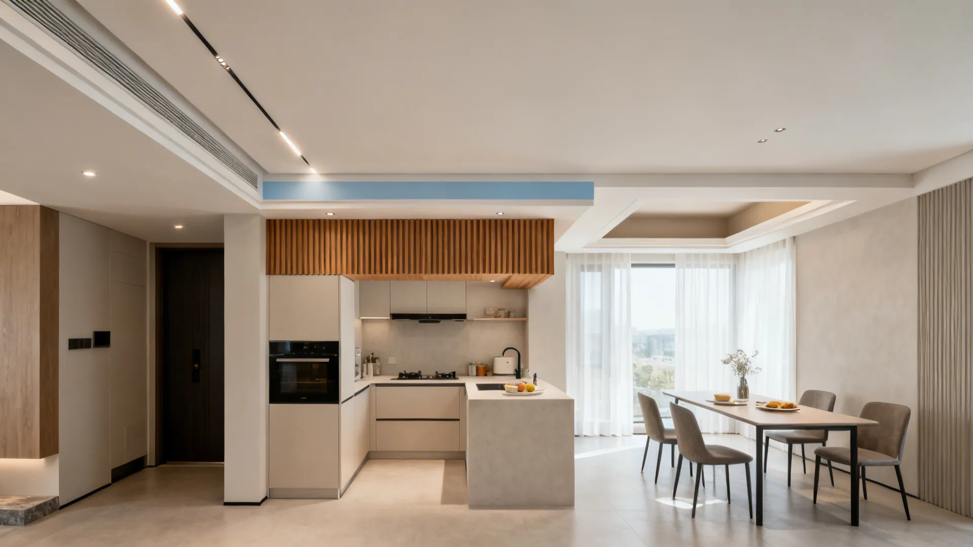 Compact kitchen showing multiple ceiling strategies blended cohesively.