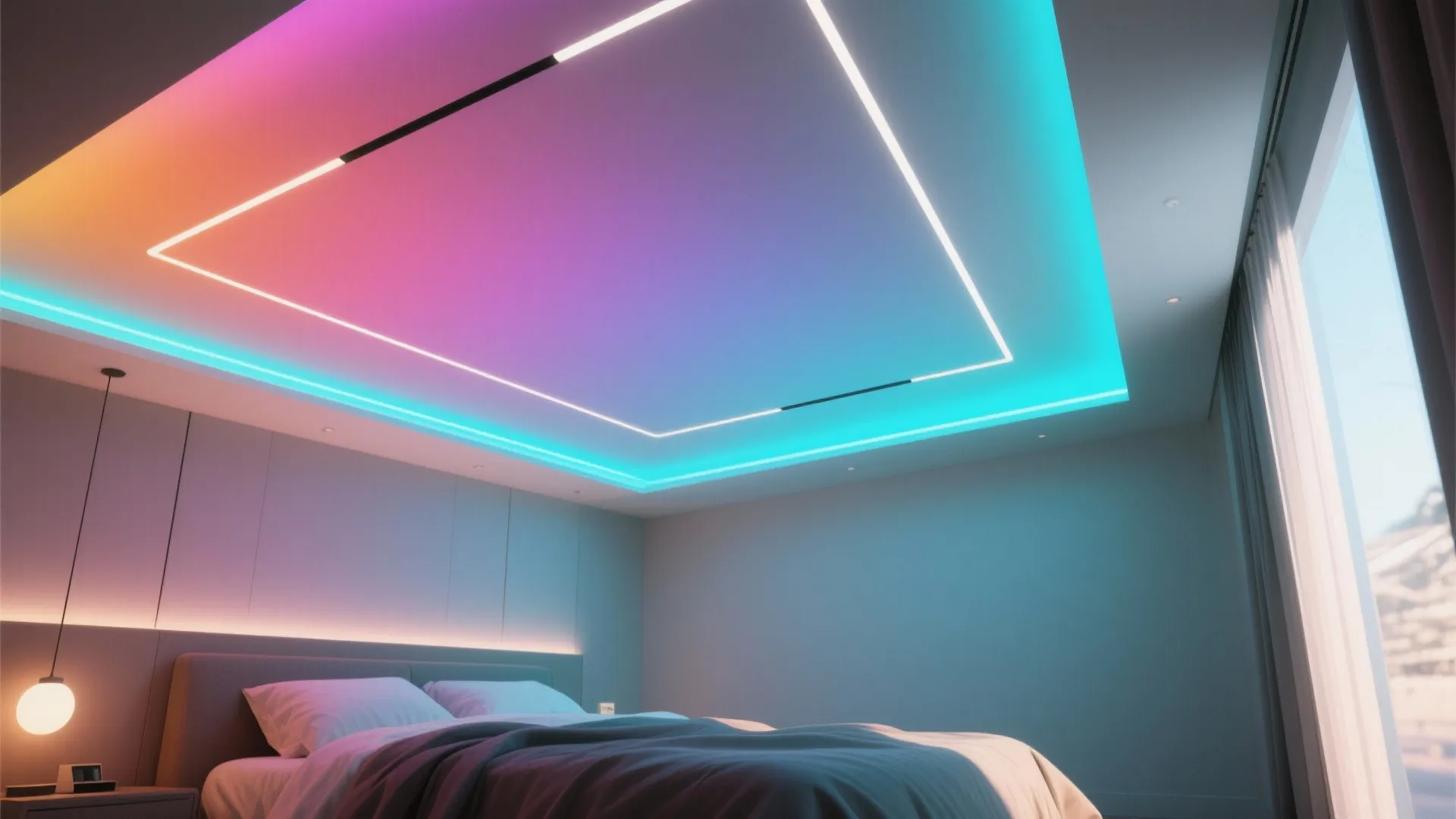 Ceiling edges illuminated with colorful LED strips