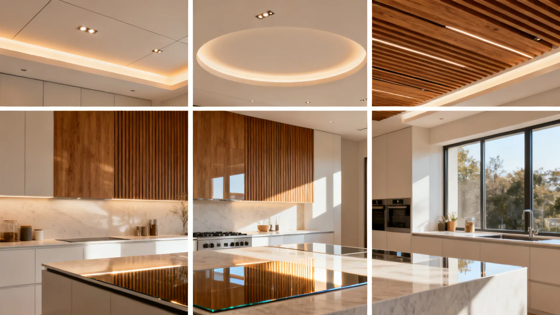 Modern compact kitchen highlighting cove light, slim spots, timber slats, glossy stretch, and a soffit halo in one cohesive view.