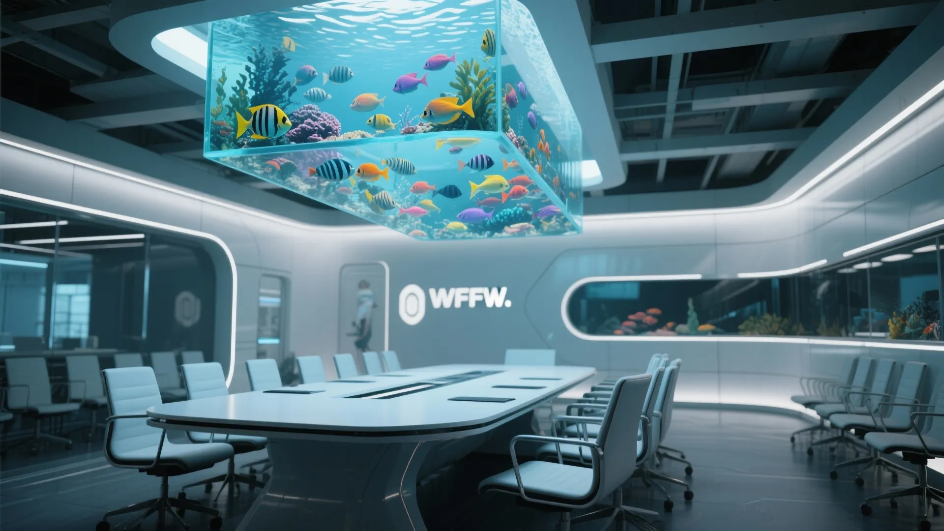 Futuristic meeting room with large white conference table and a unique ceiling light fish tank