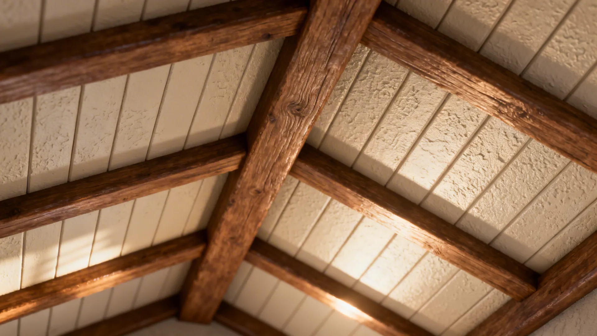 Textured white ceiling panels placed between dark wooden beams with bright sunlight hitting the surface