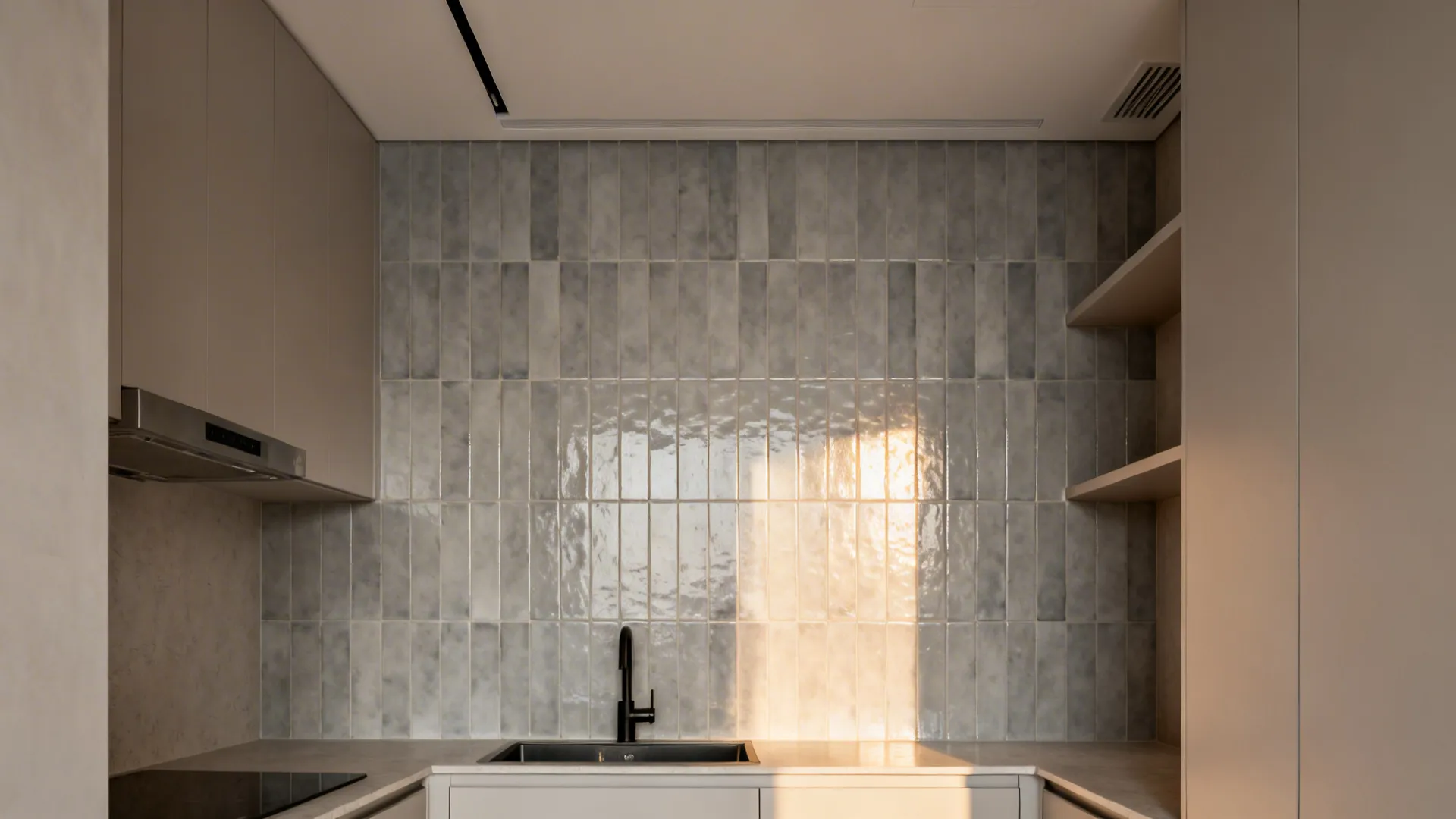 Counter-to-ceiling soft grey zellige-style tile behind a sink visually lifting a compact kitchen.