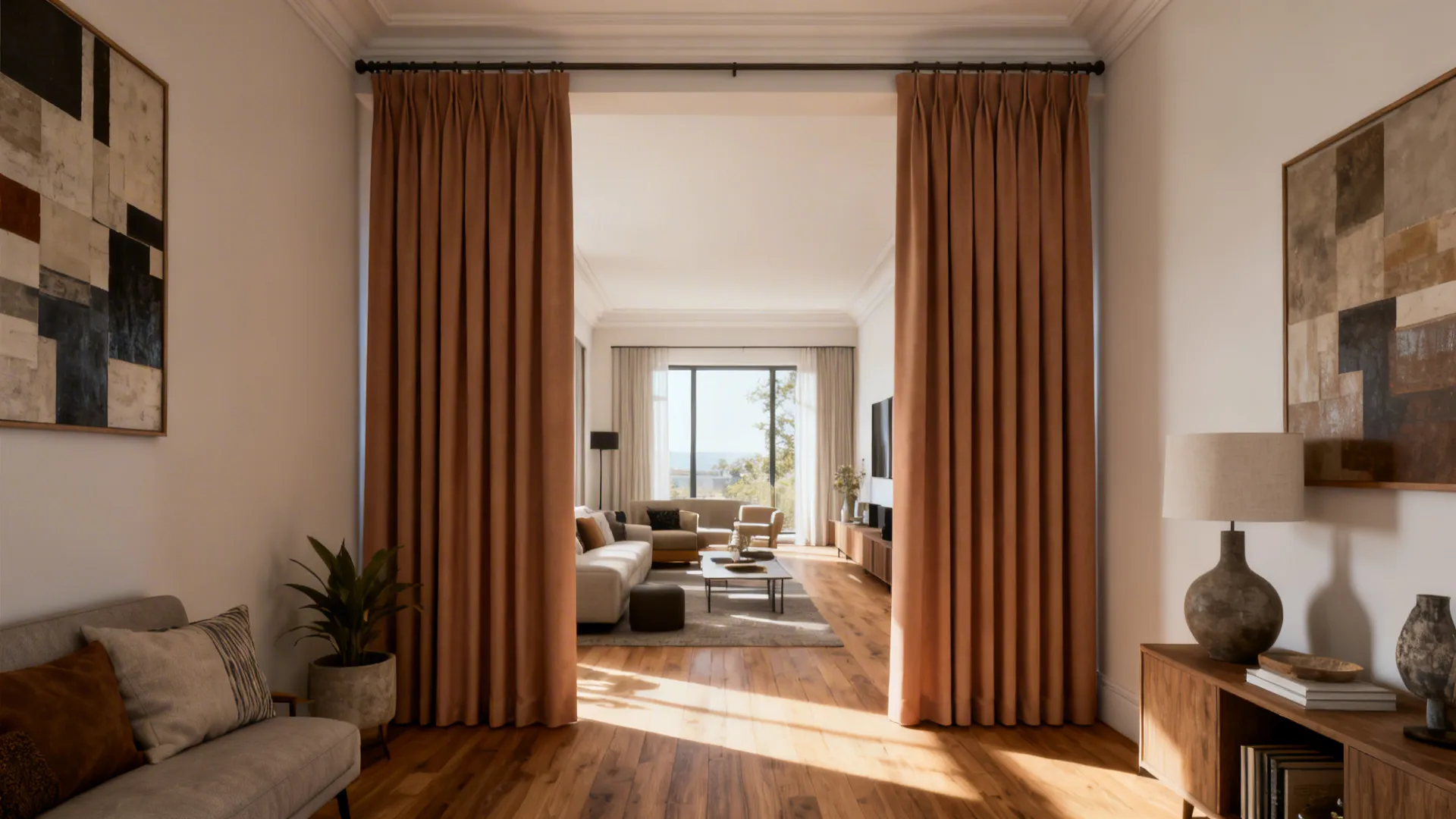 Narrow living room with ceiling-mounted light brown curtain panels drawing the eye upward