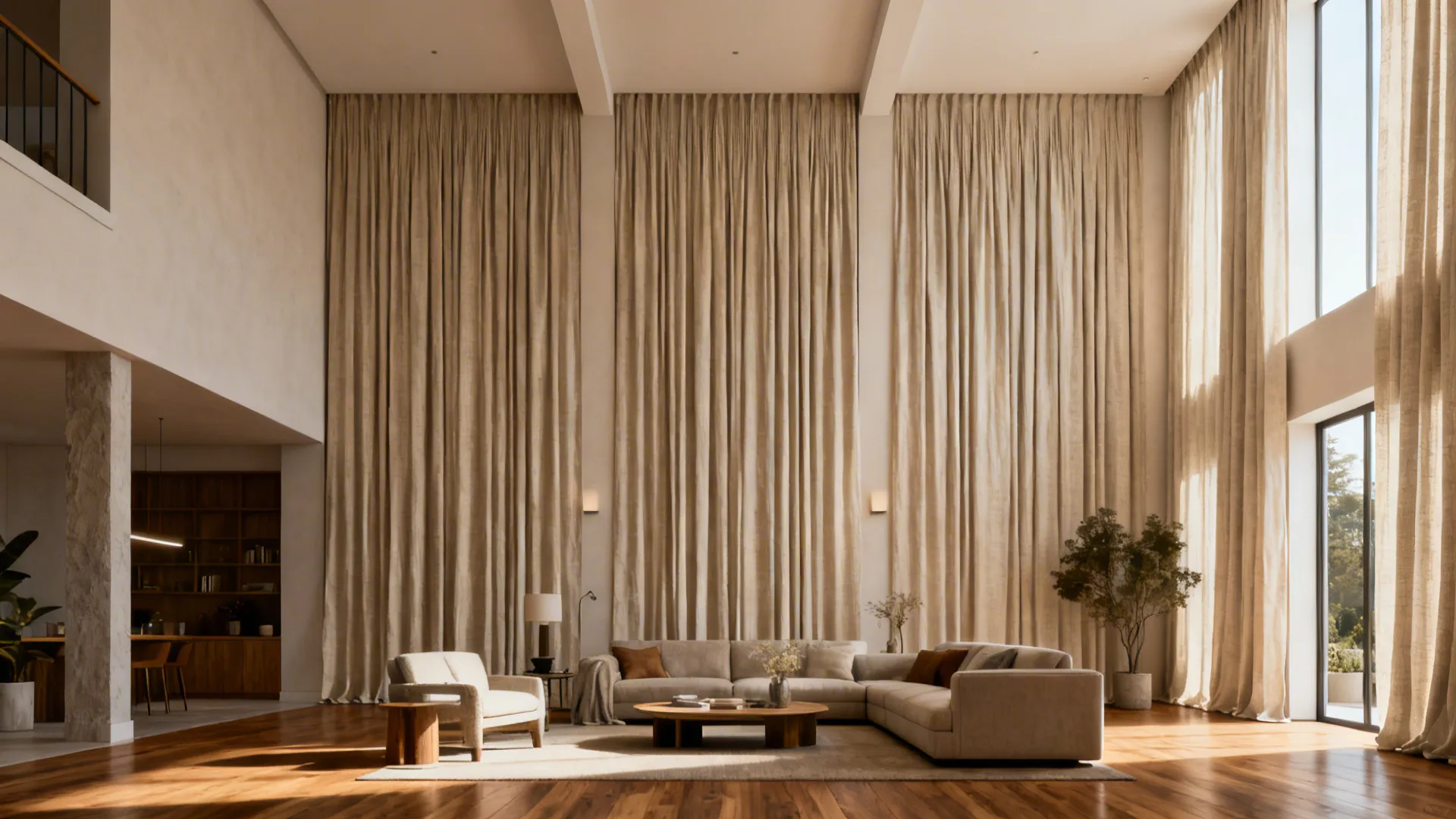 Living room with floor-to-ceiling linen panels emphasizing ceiling height