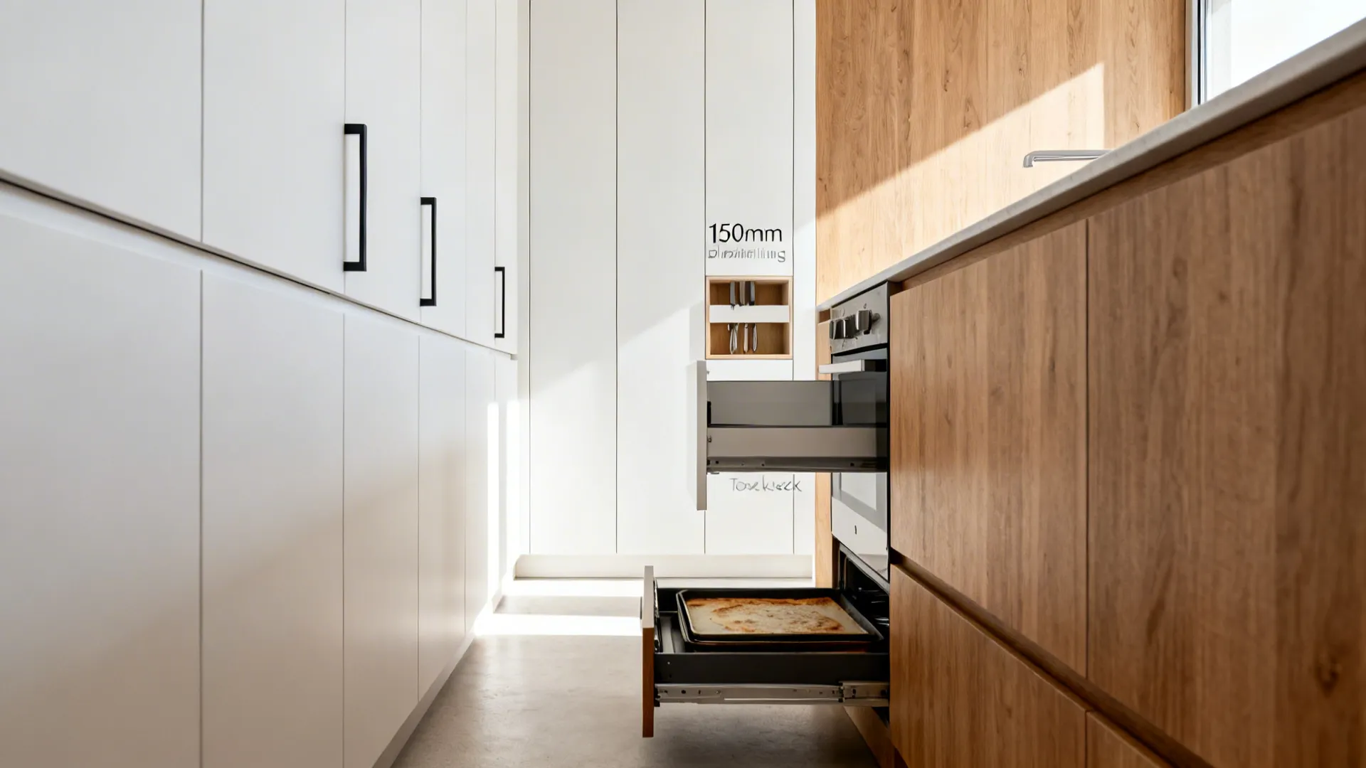 Galley kitchen with full-height pantry, slim pull-out, recessed knife niche, and toe-kick drawer.
