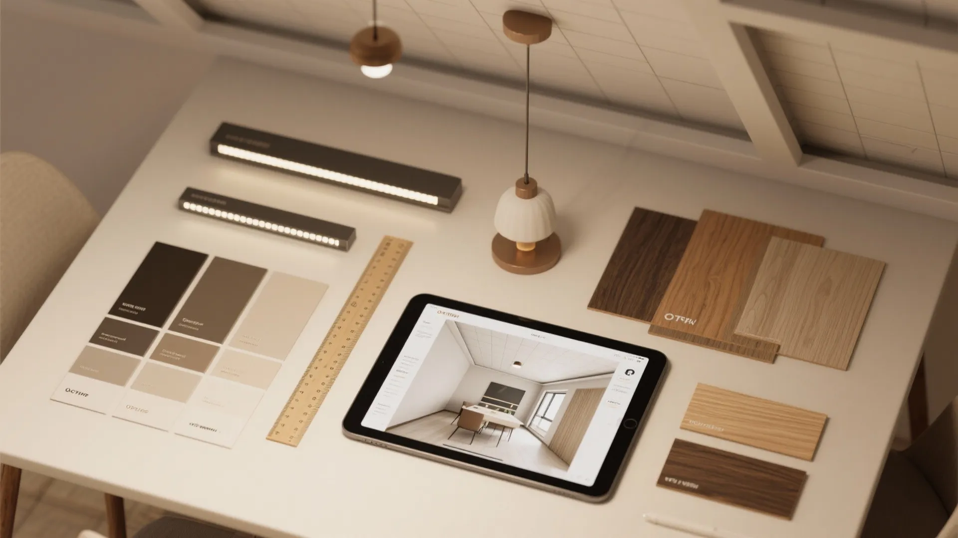 Interior design drawing on tablet with wood samples and light fixture options on white desk
