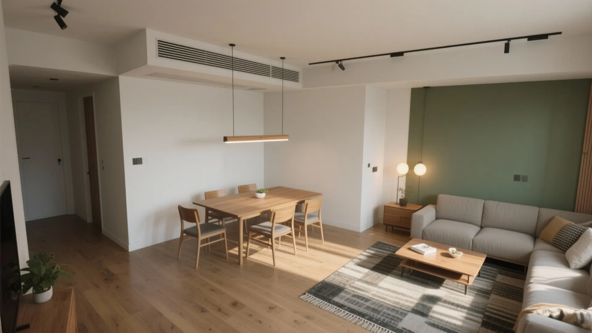 Modern open plan living room with wooden dining table grey sofa green wall and lighting