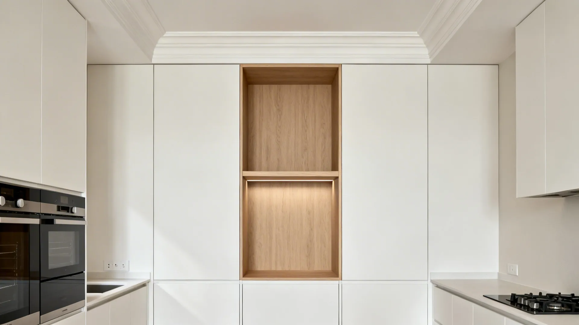 Ceiling-high pantry tower with a recessed niche and concealed lighting in a compact kitchen.