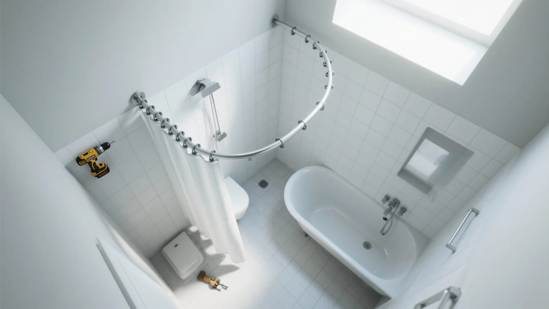Top-down plan of a ceiling-mounted shower curtain track curving around a tub