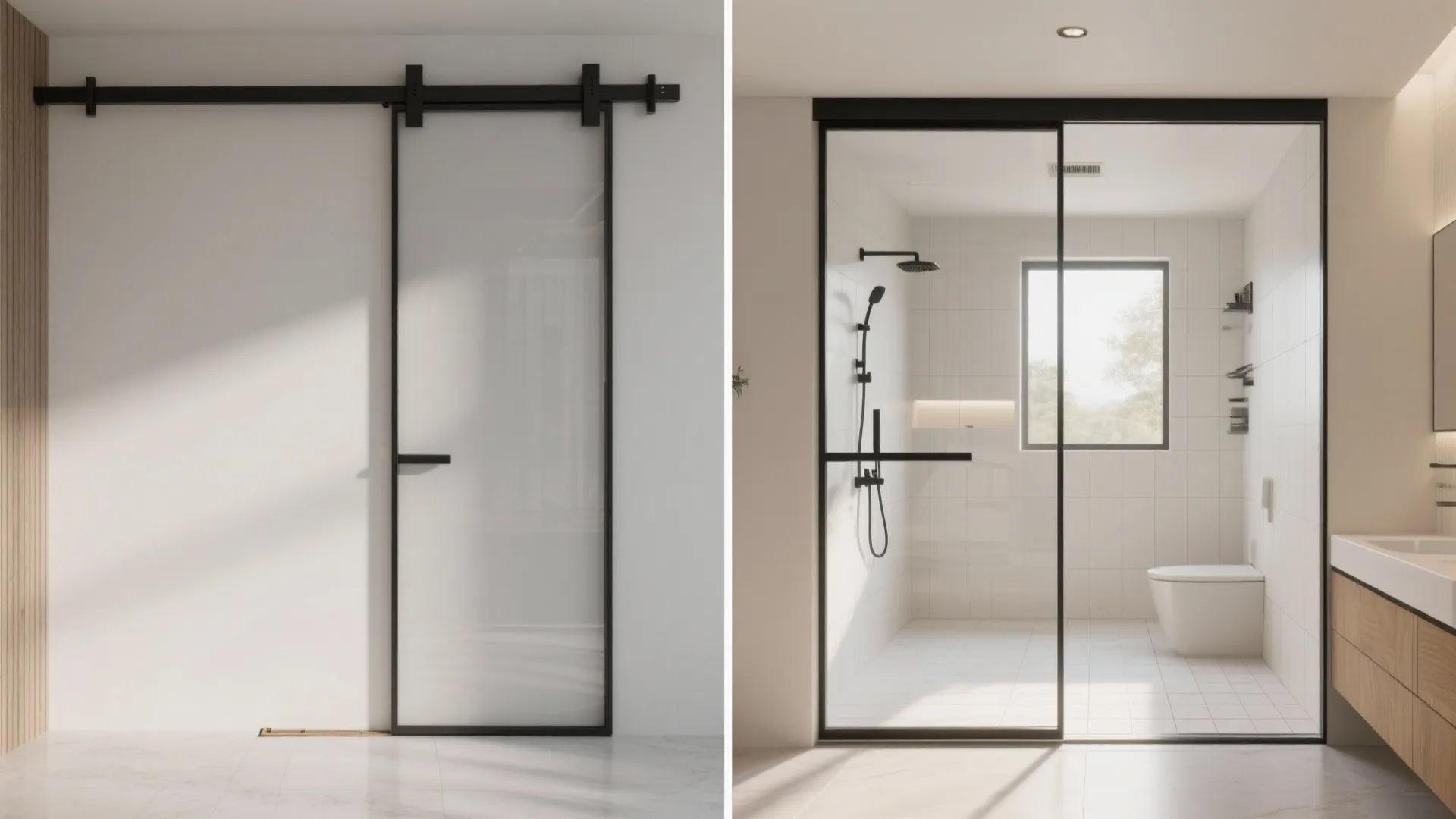 Before and after comparison of a sliding black frame door versus a clear glass shower screen