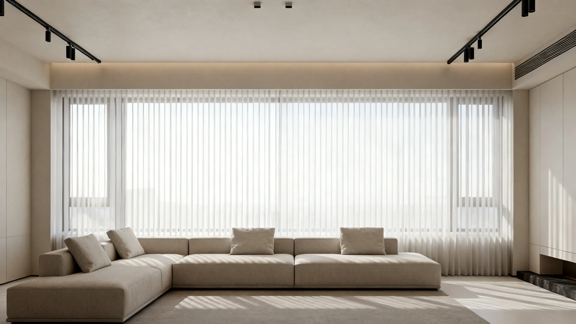 Minimalist living room with ceiling-mounted curtain track and sheer panels creating a sleek modern look.