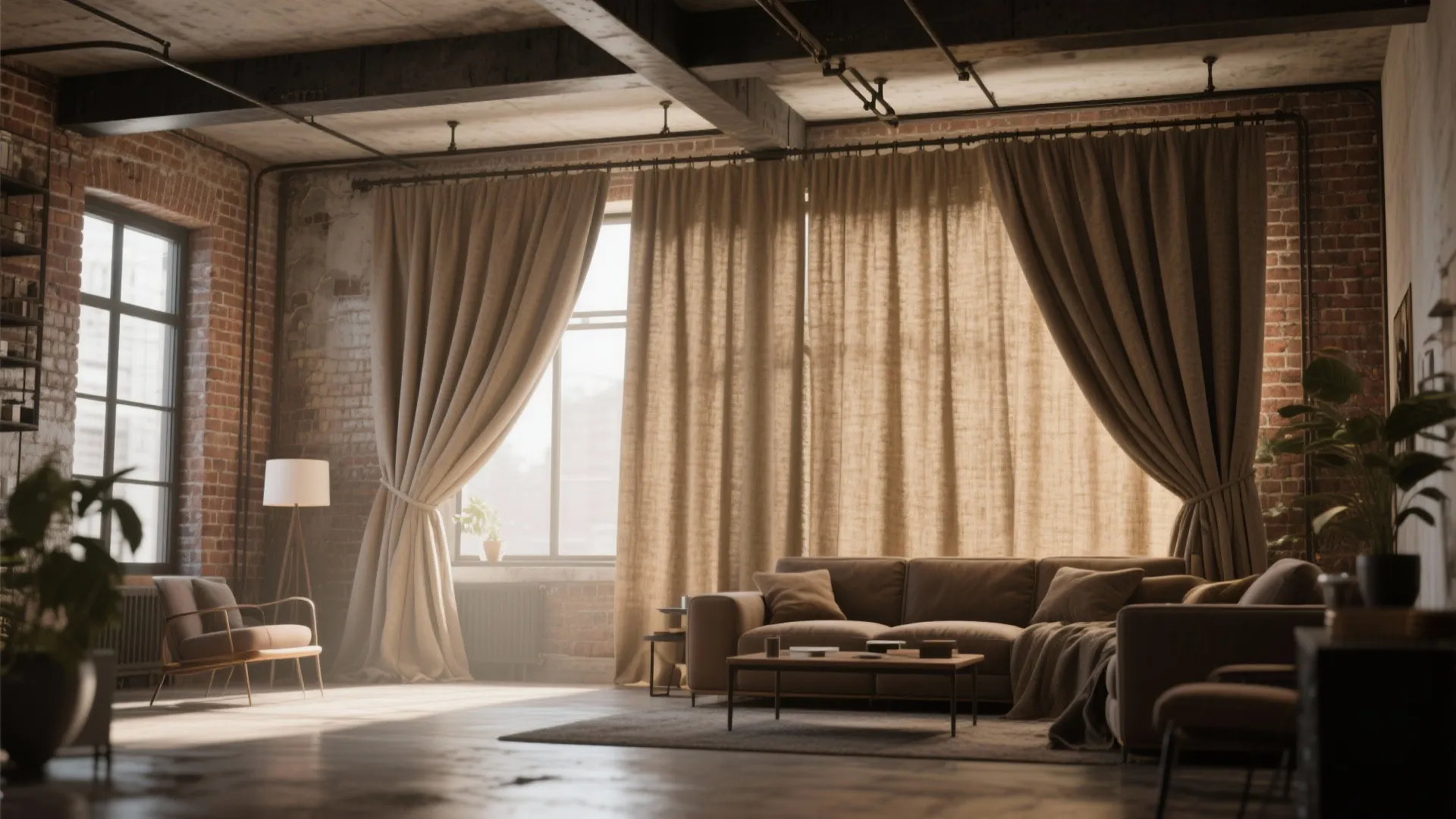 Loft partition created with thick ceiling track curtains