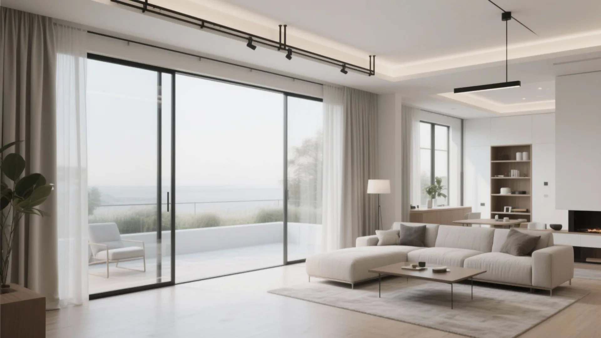 Modern white living room with sofa, sliding glass doors, balcony view, and ceiling light fixture