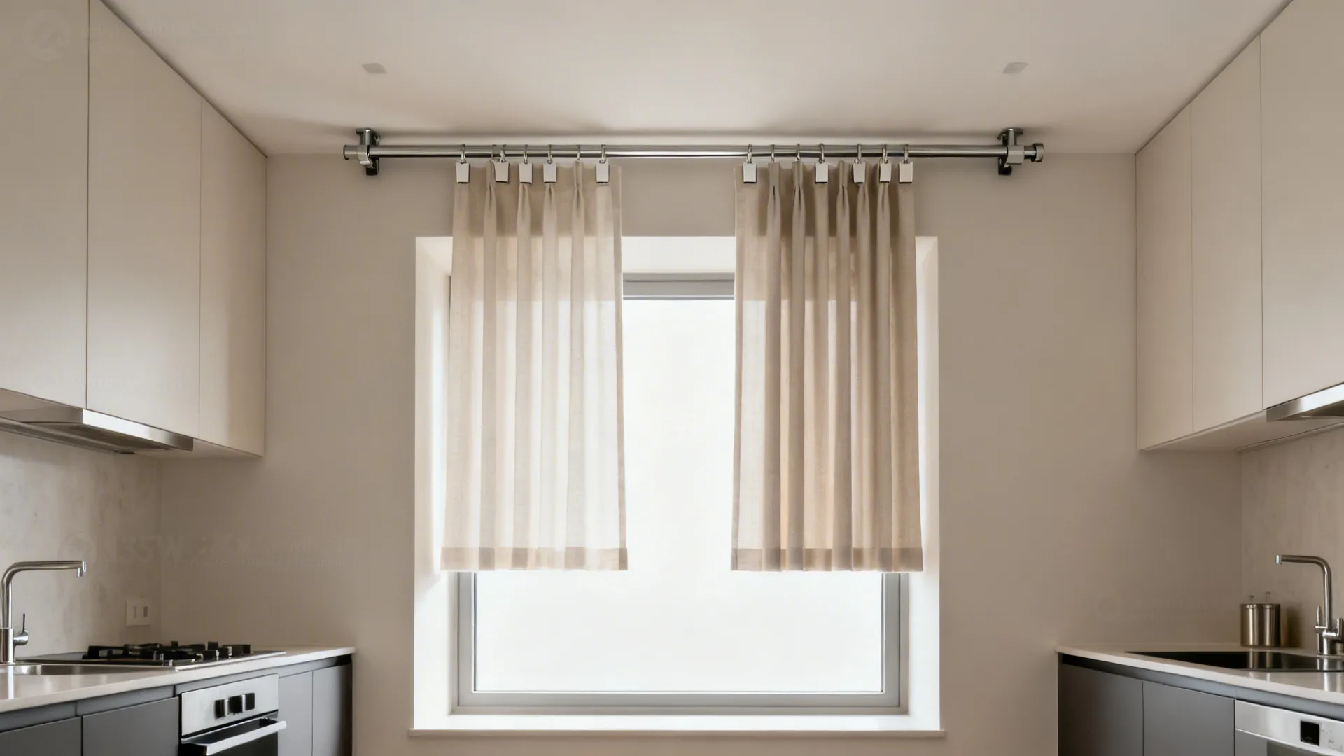 Small kitchen niche window with ceiling-mounted track and slim clip-on panels.