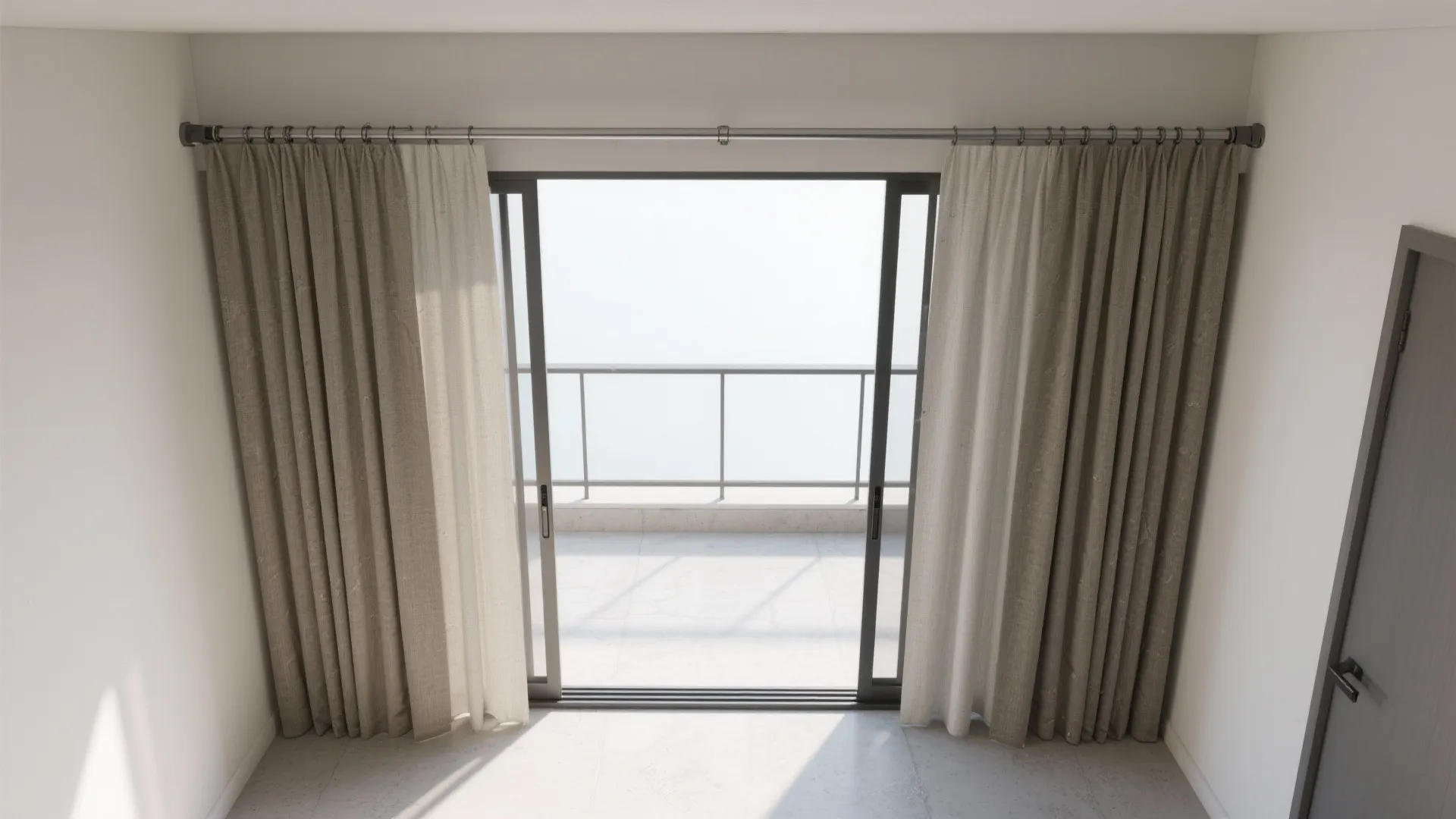 Top-down visualization of a slim ceiling track with fabric stack-back zones that clear the balcony door.