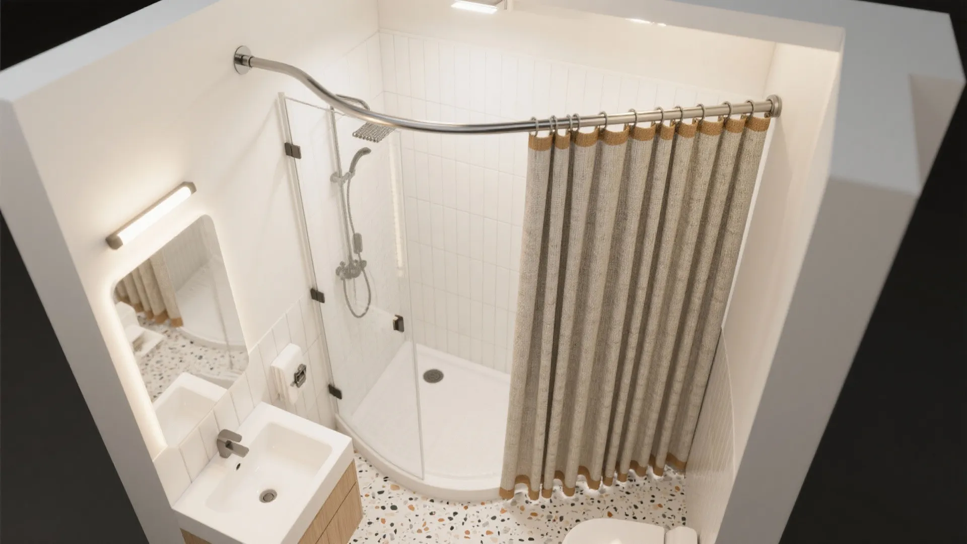 Ceiling-height tracks to zone a tiny wet area