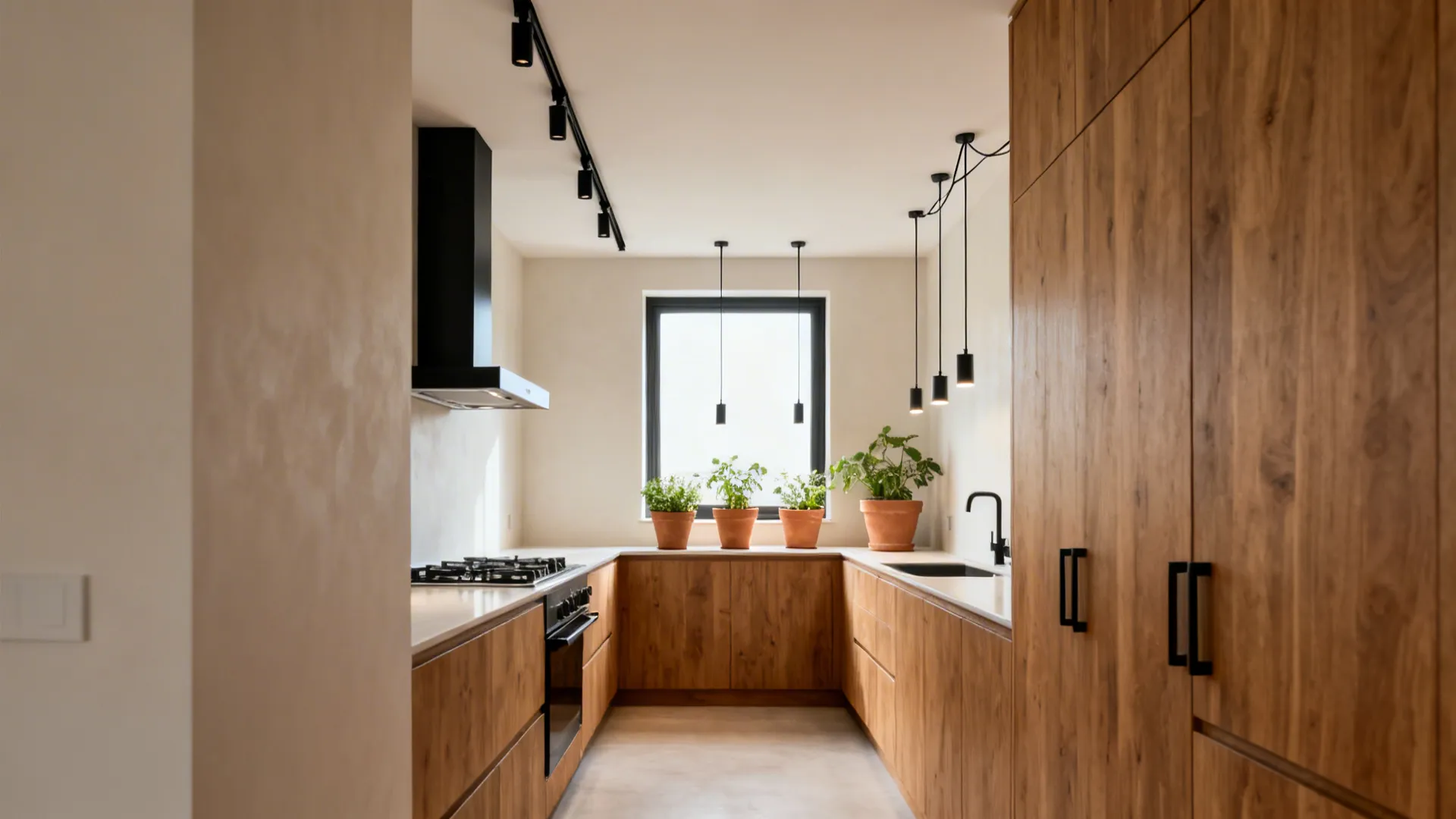 Slim ceiling track in a galley kitchen with adjustable terracotta planter drops near the window.