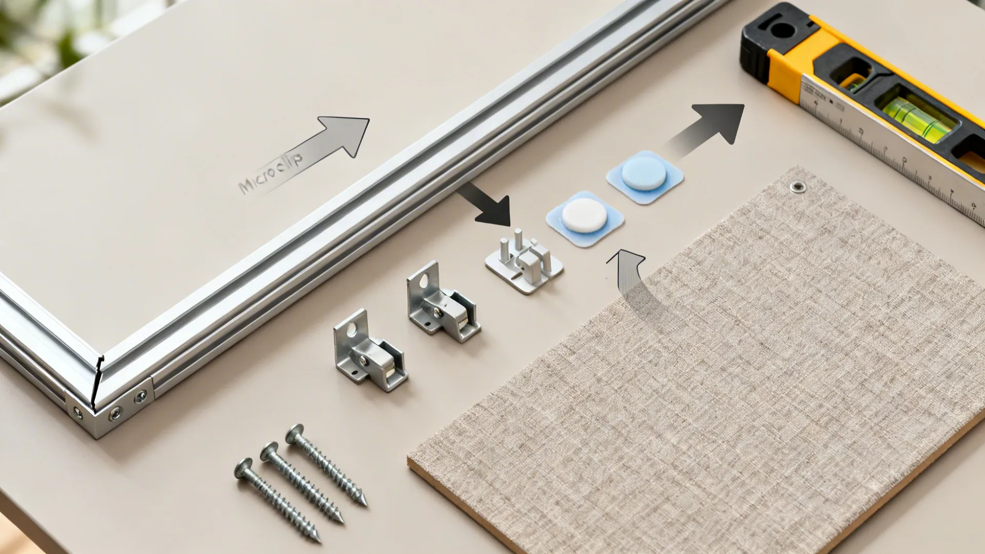 Top-down layout of ceiling track parts, clips, and tools for panel installation.