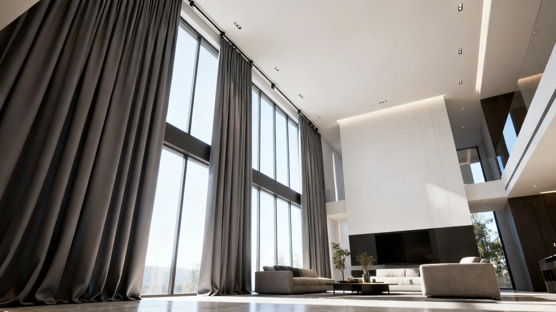 Tall living room window with a recessed ceiling-mounted curtain track and floor-to-ceiling drapes