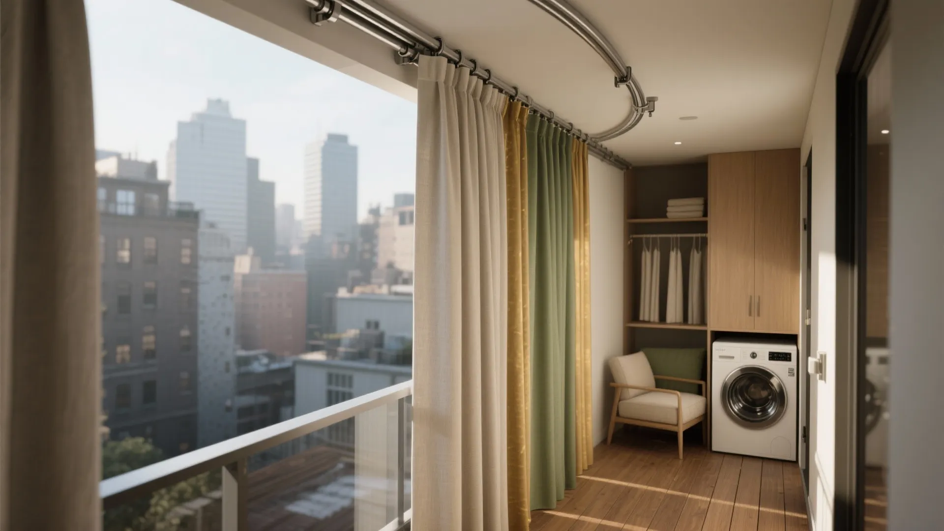 3) Ceiling-Mounted Track Curtains to Zone the Balcony