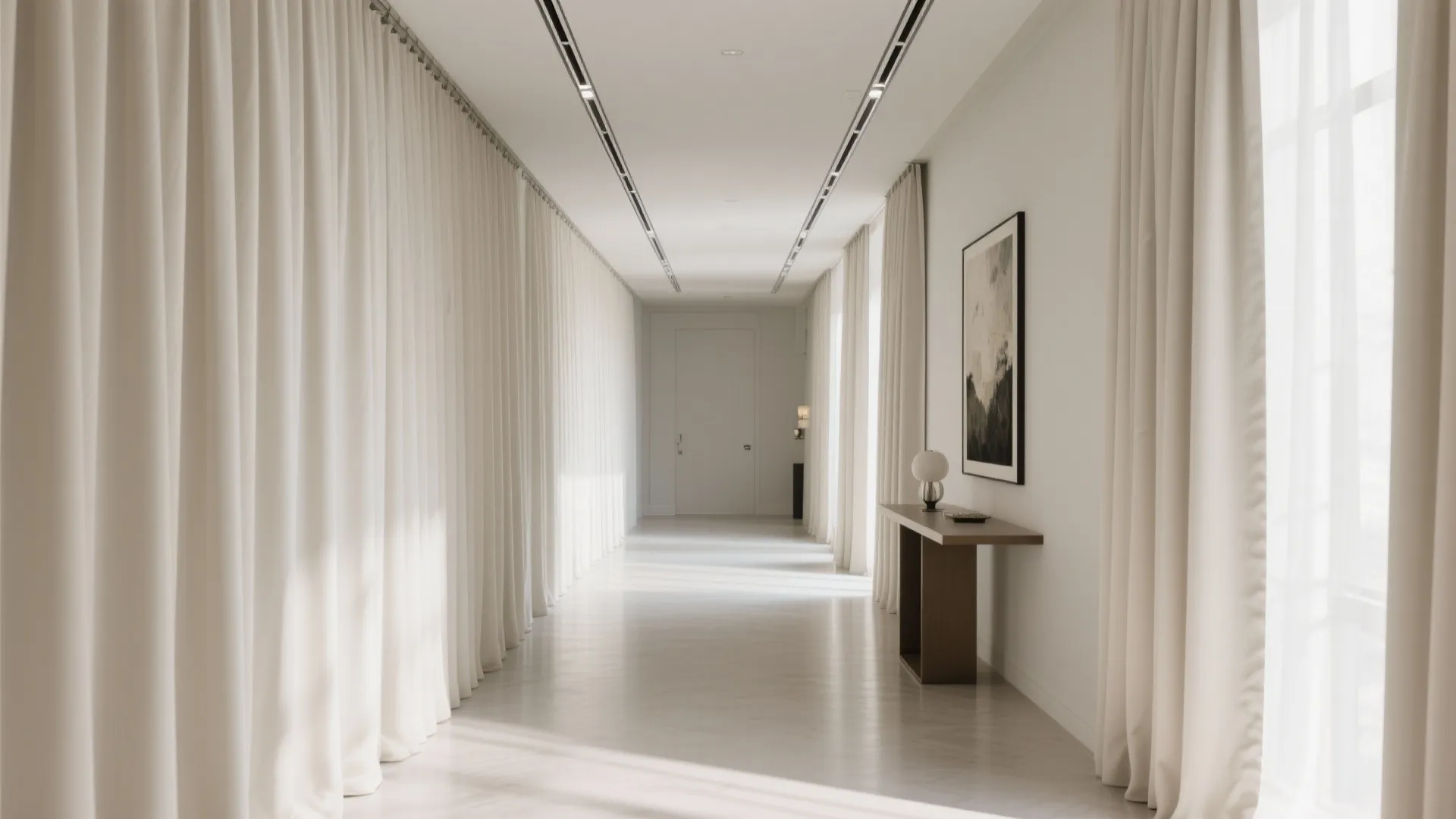 Long white hallway featuring floor to ceiling white curtains, a console table, and modern lighting