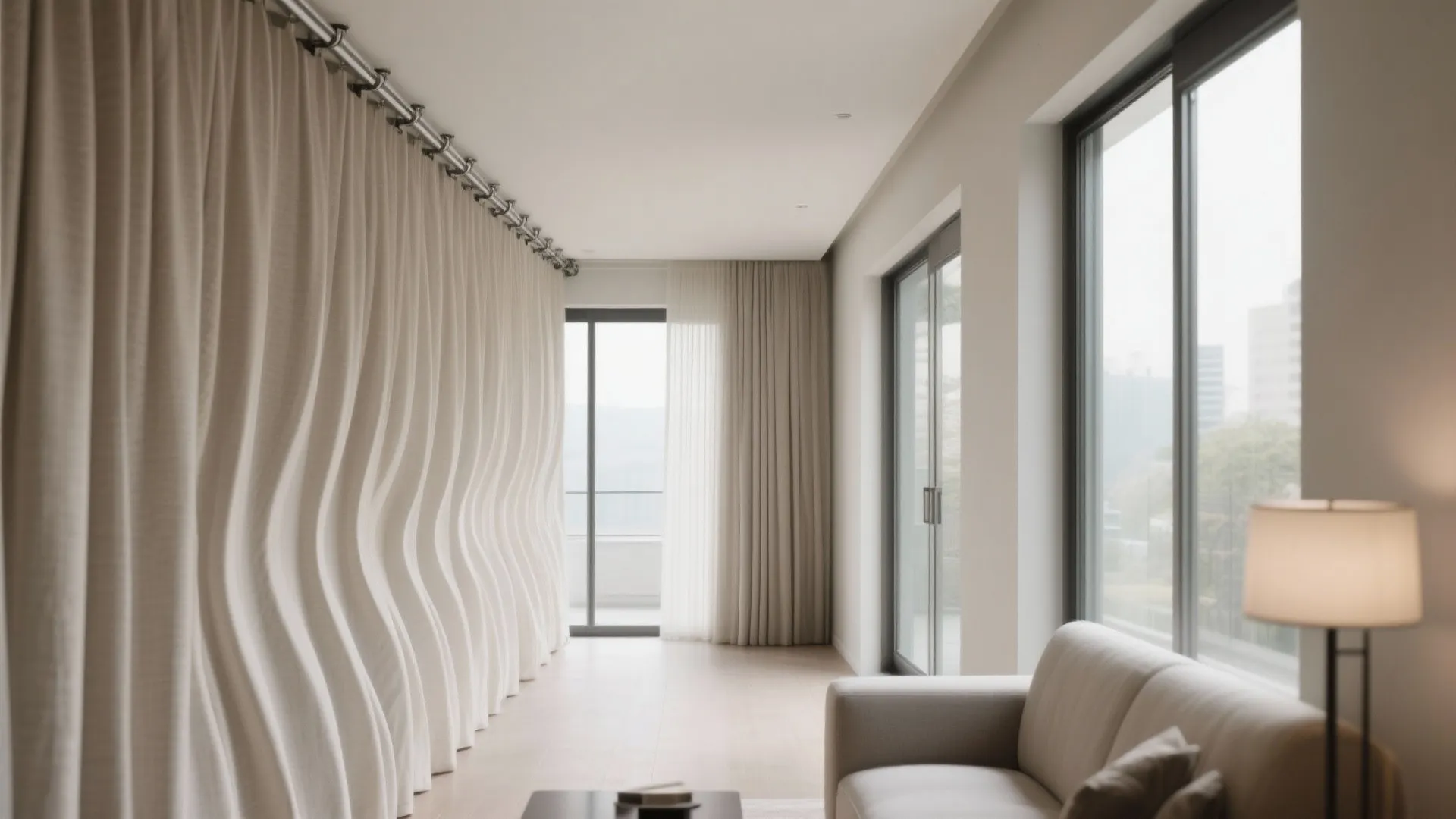 Ceiling-mounted tracks to widen the room