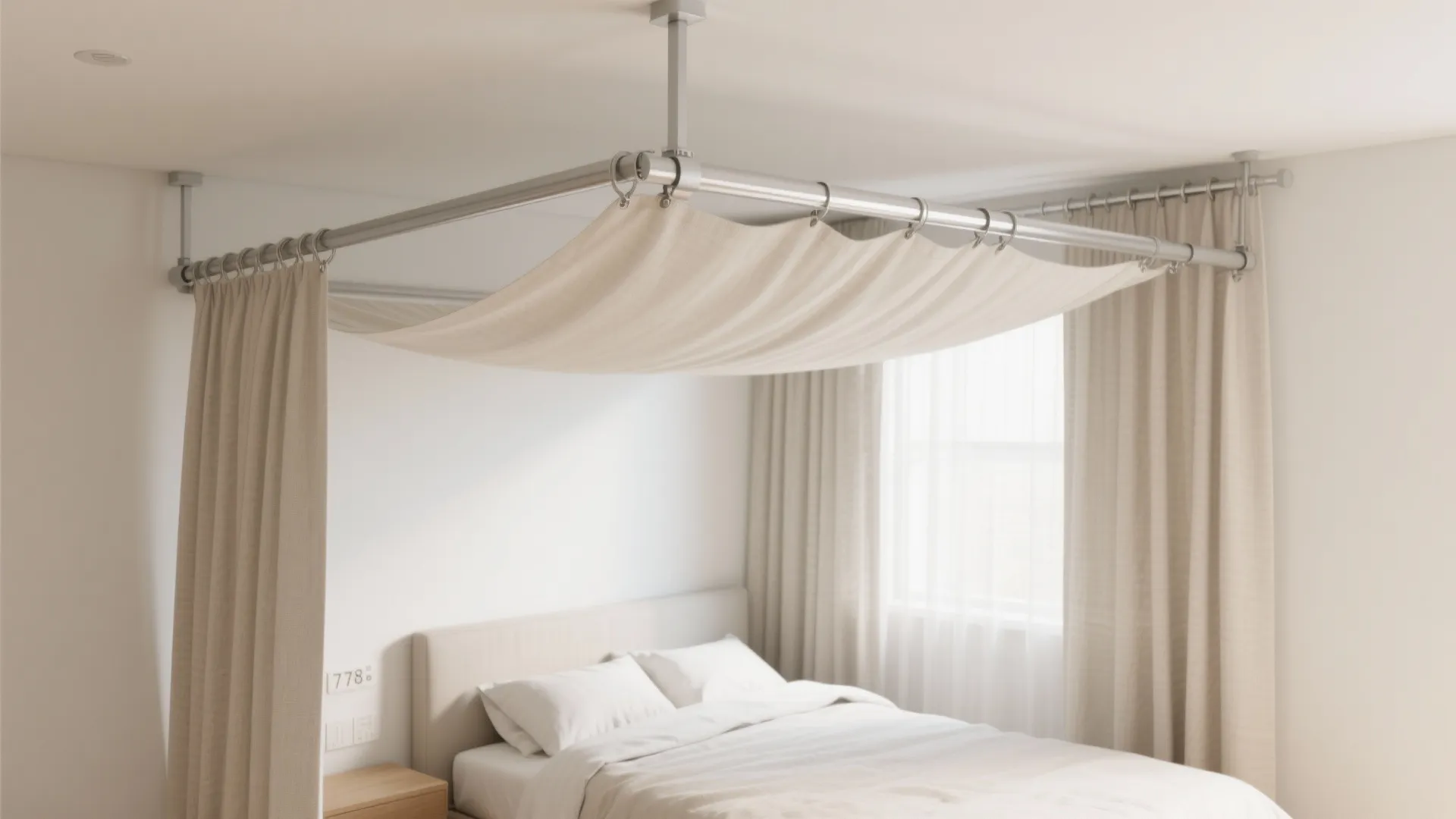 Top-down view of a small bedroom showing U-shaped ceiling tracks with sheer canopy panels over a low-profile bed.