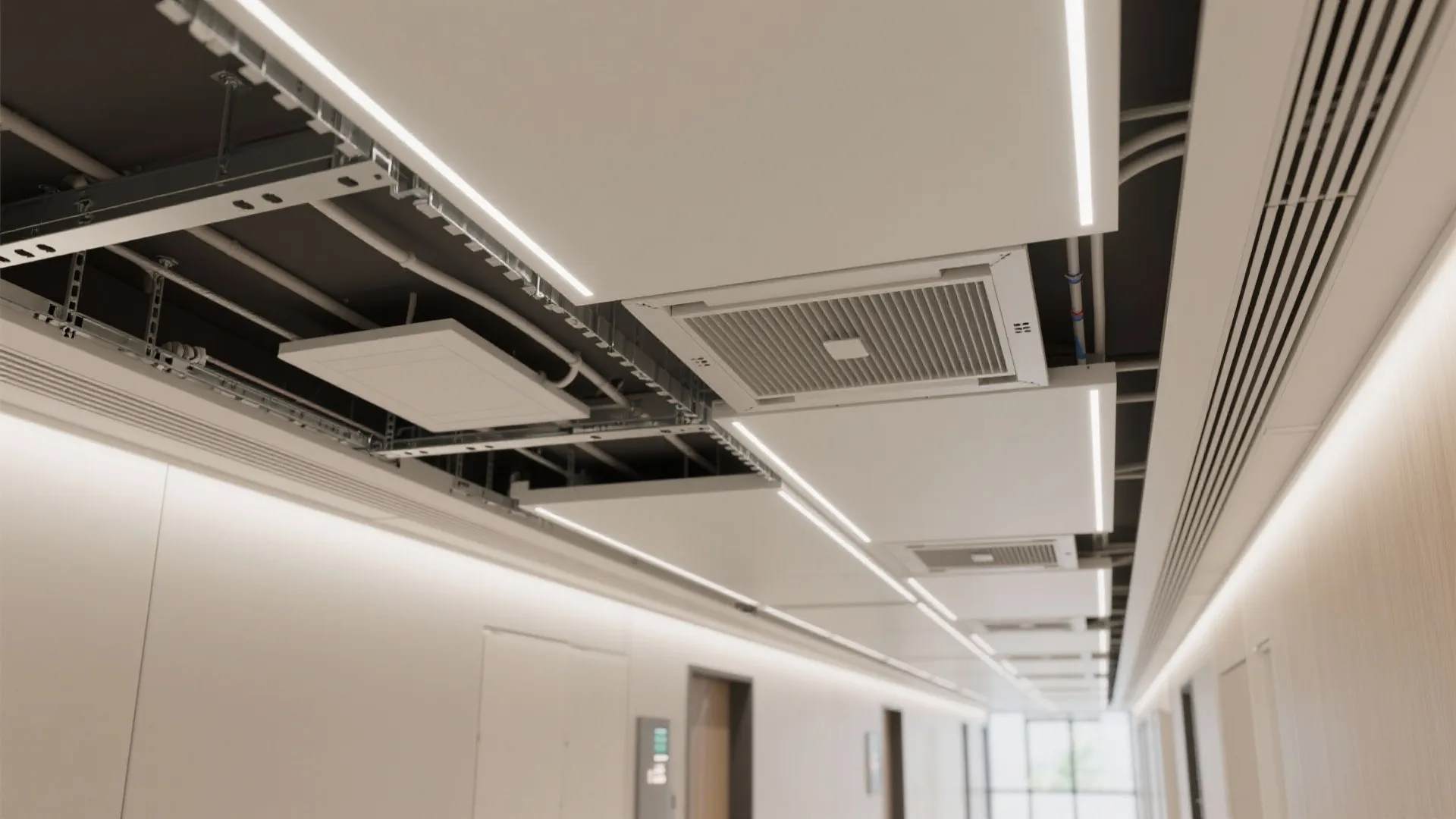 Close up showing indoor ceiling installation process with metal frames and square white light panels