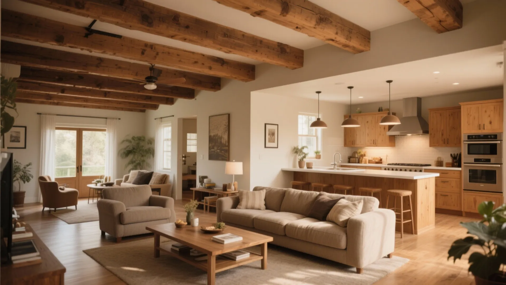 Spacious open plan living room featuring exposed wooden ceiling beams and warm natural wood kitchen cabinets