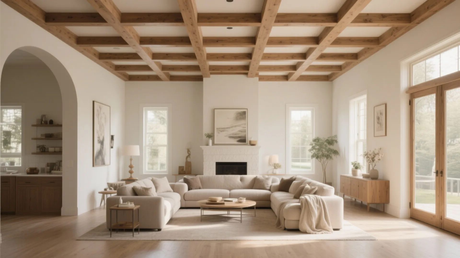 Bright living room featuring a wooden beam ceiling white sofa fireplace coffee table and wooden doors