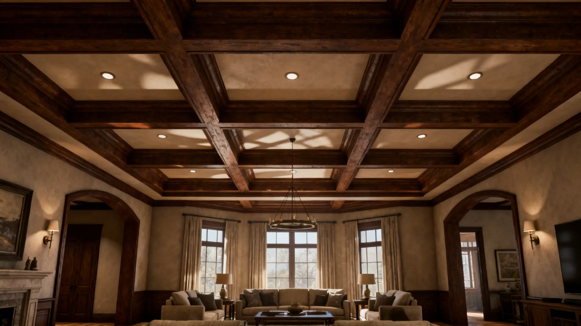 Traditional living room with a dark wood beam ceiling design sofas windows and ceiling light