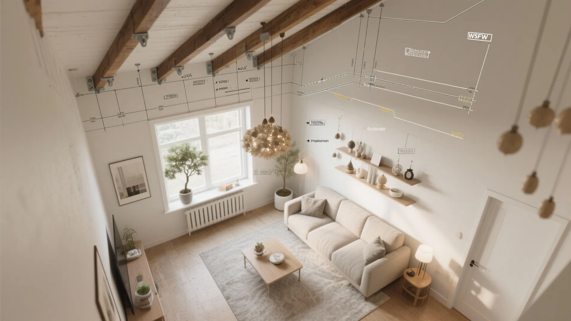 Modern interior design drawing showing a white sofa wooden beams ceiling light and wall design notes