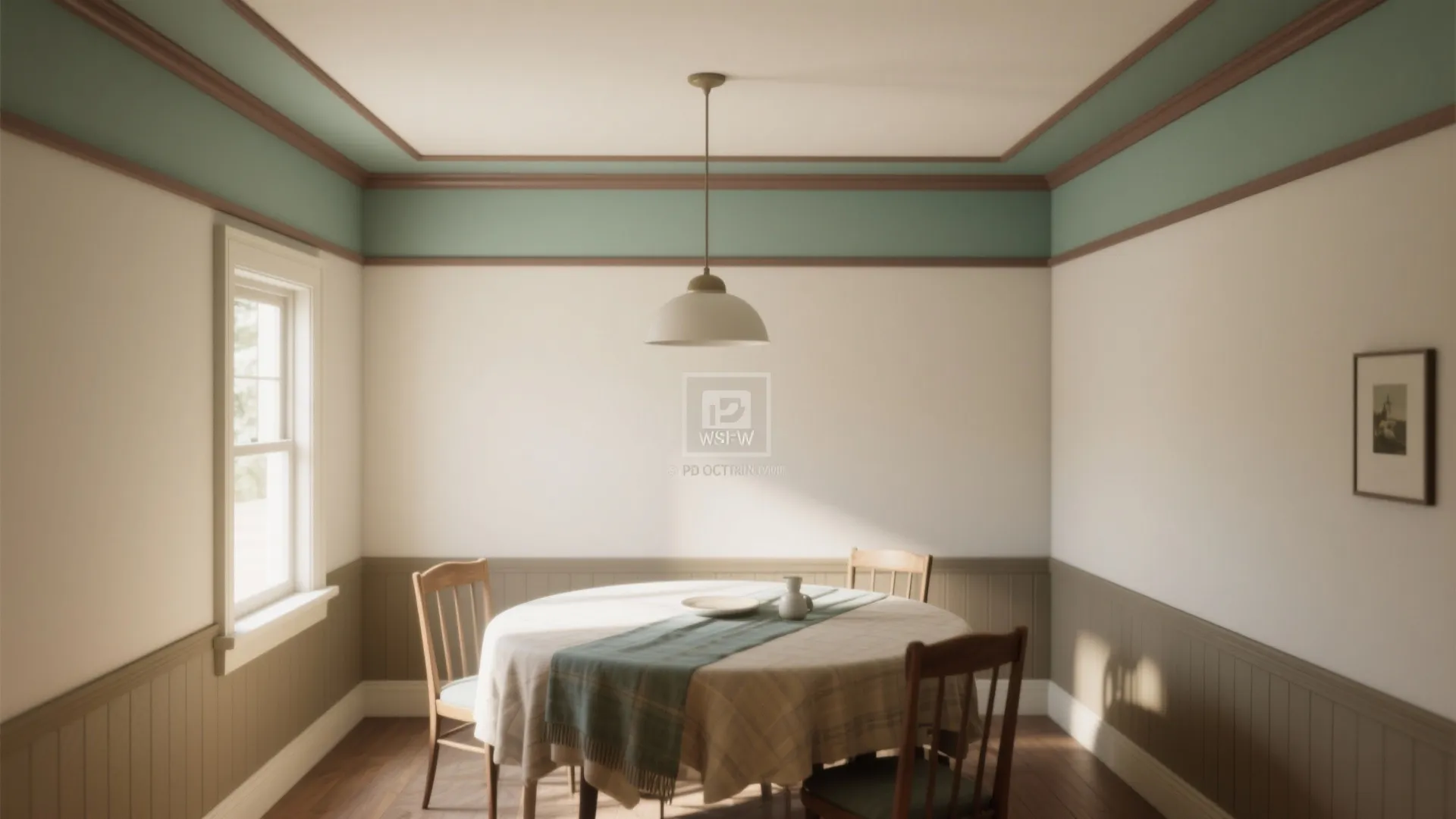 Dining room with round table and chairs featuring green ceiling trim and white wall panels
