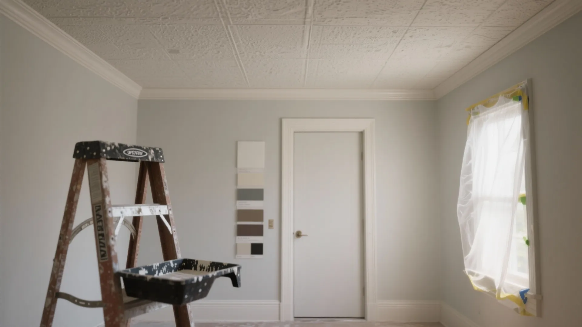Room interior with white ceiling trim a wooden ladder paint swatches and a covered window