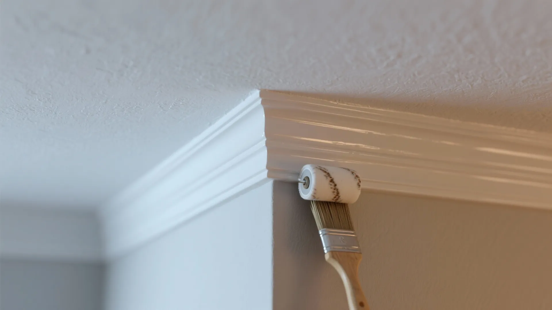 Macro view of a crisp paint line between ceiling and wall with glossy trim enamel and painting tools.