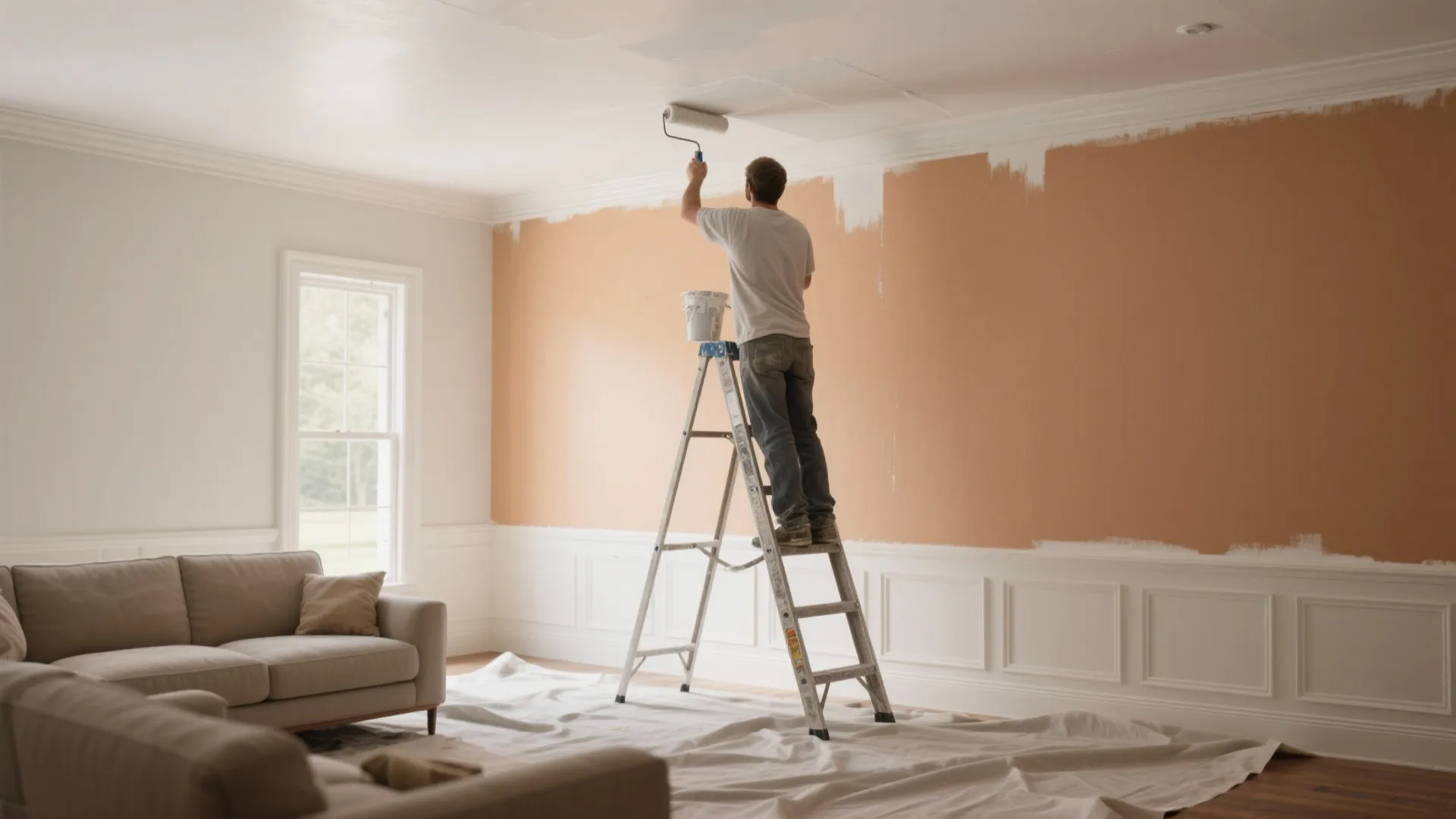 Painter on a ladder painting a white ceiling and crisp trim in a living room.