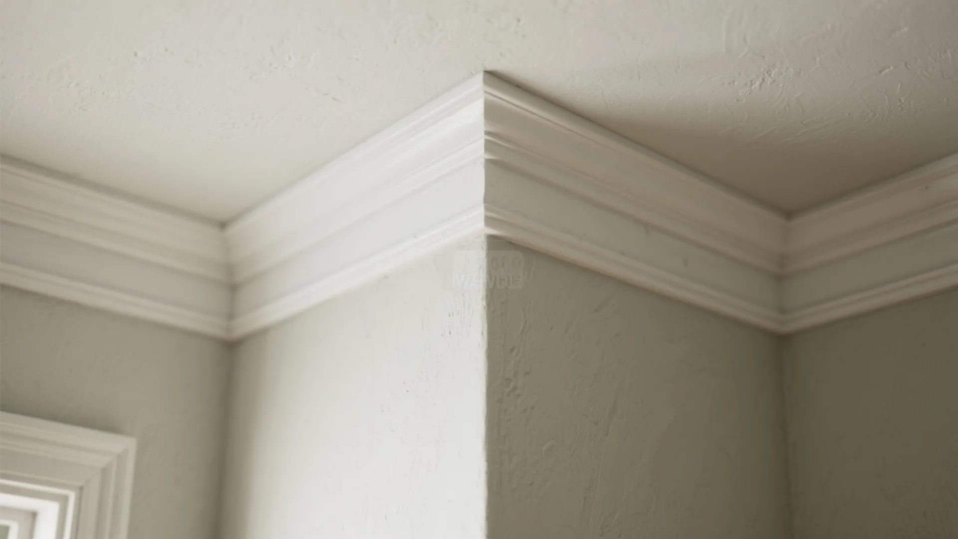 Close up view of decorative white trim installed at the top corner of a room