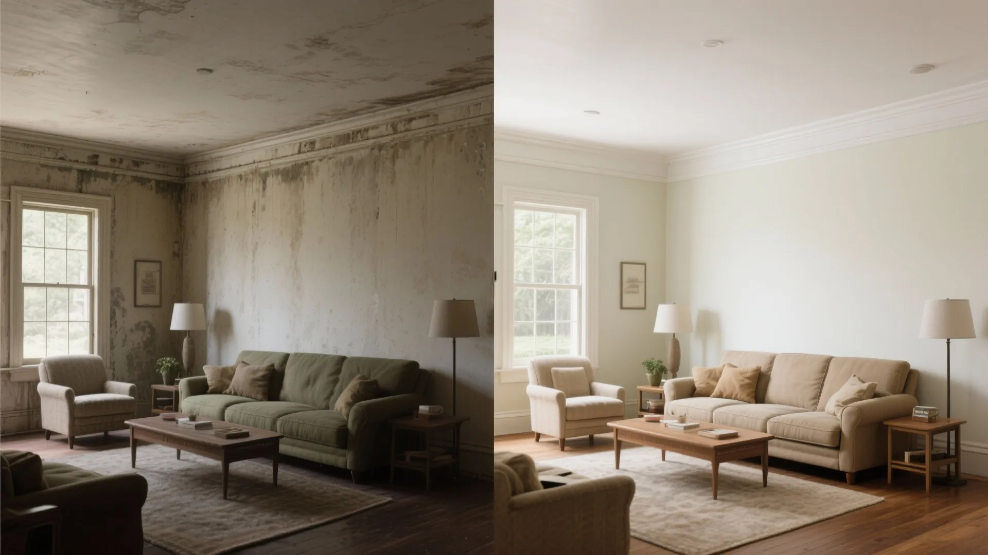 Before-and-after comparison of a damaged living room transformed into a clean modern interior design layout