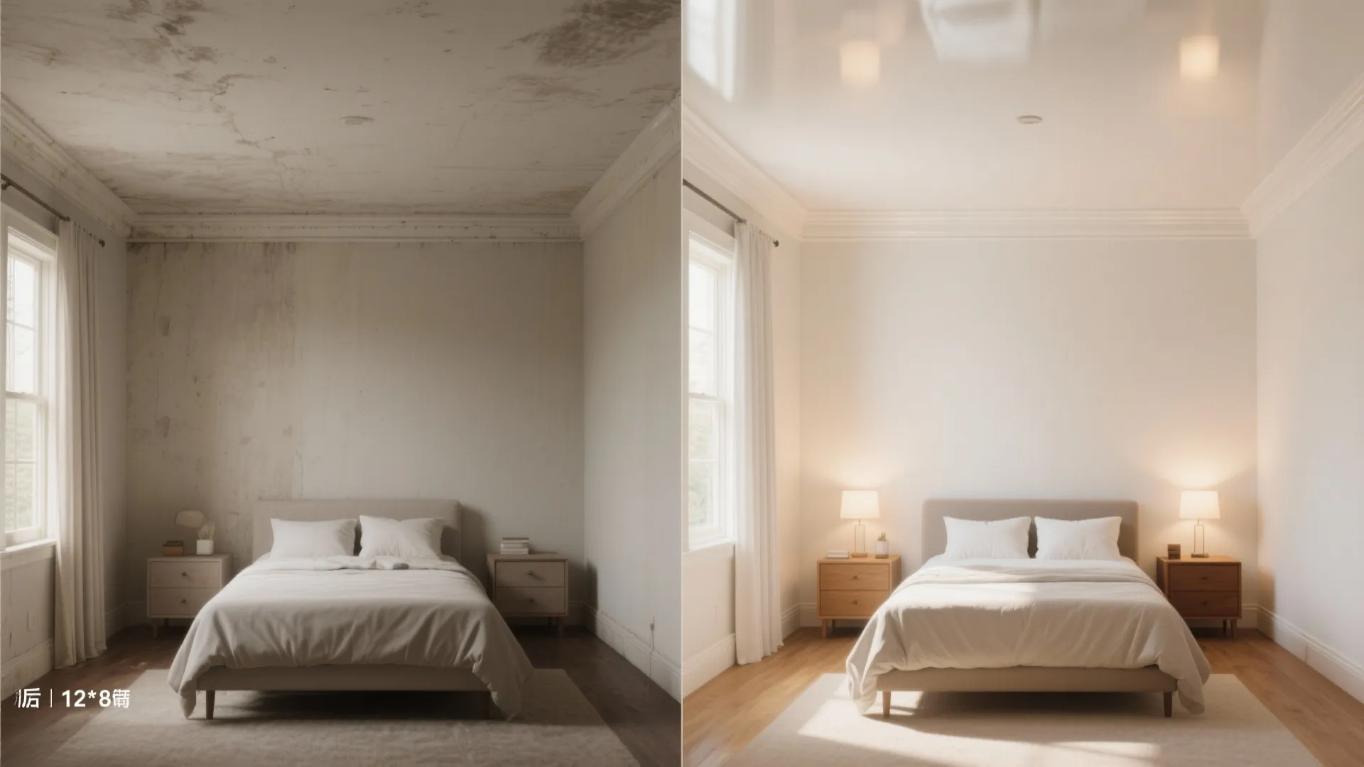 Before and after comparison of a dirty bedroom transformed into a clean and bright space
