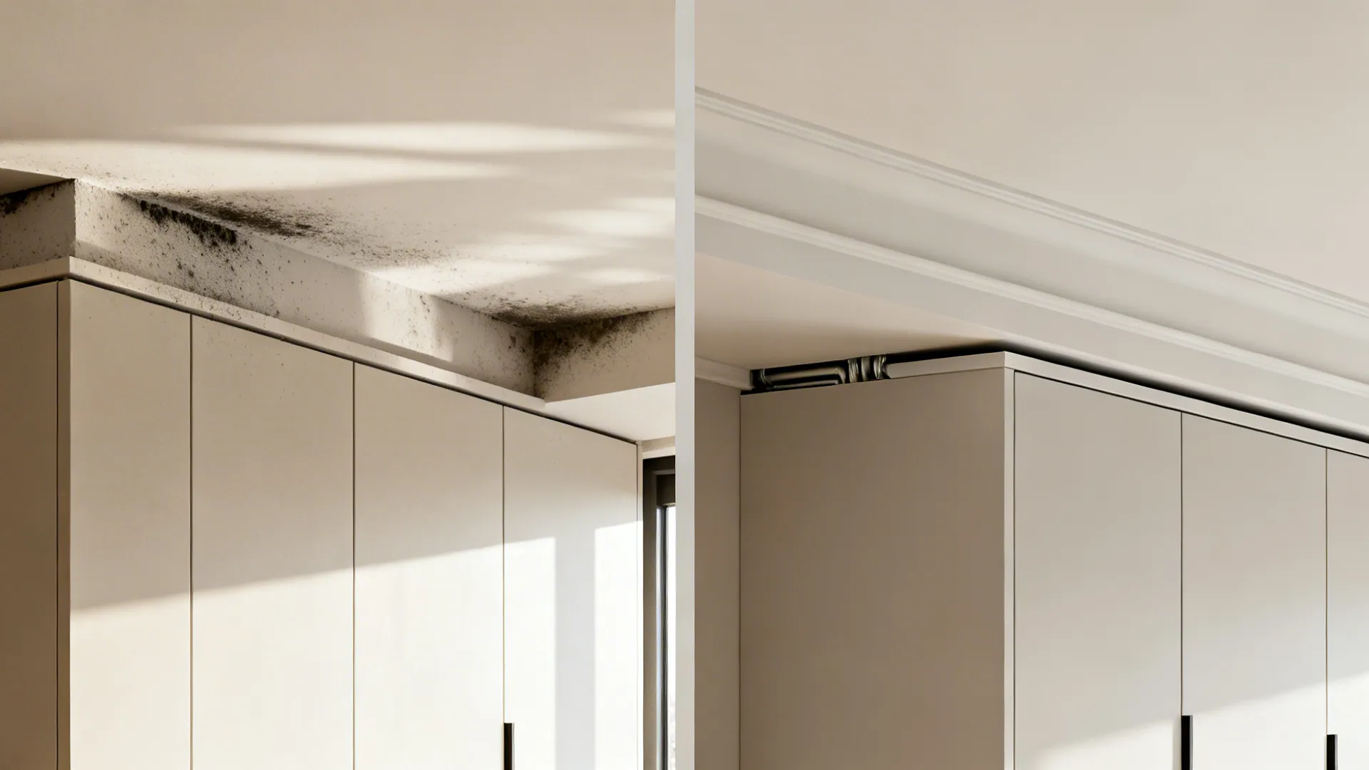 Before-and-after of cabinet top: open gap versus clean shadow reveal with concealed venting.