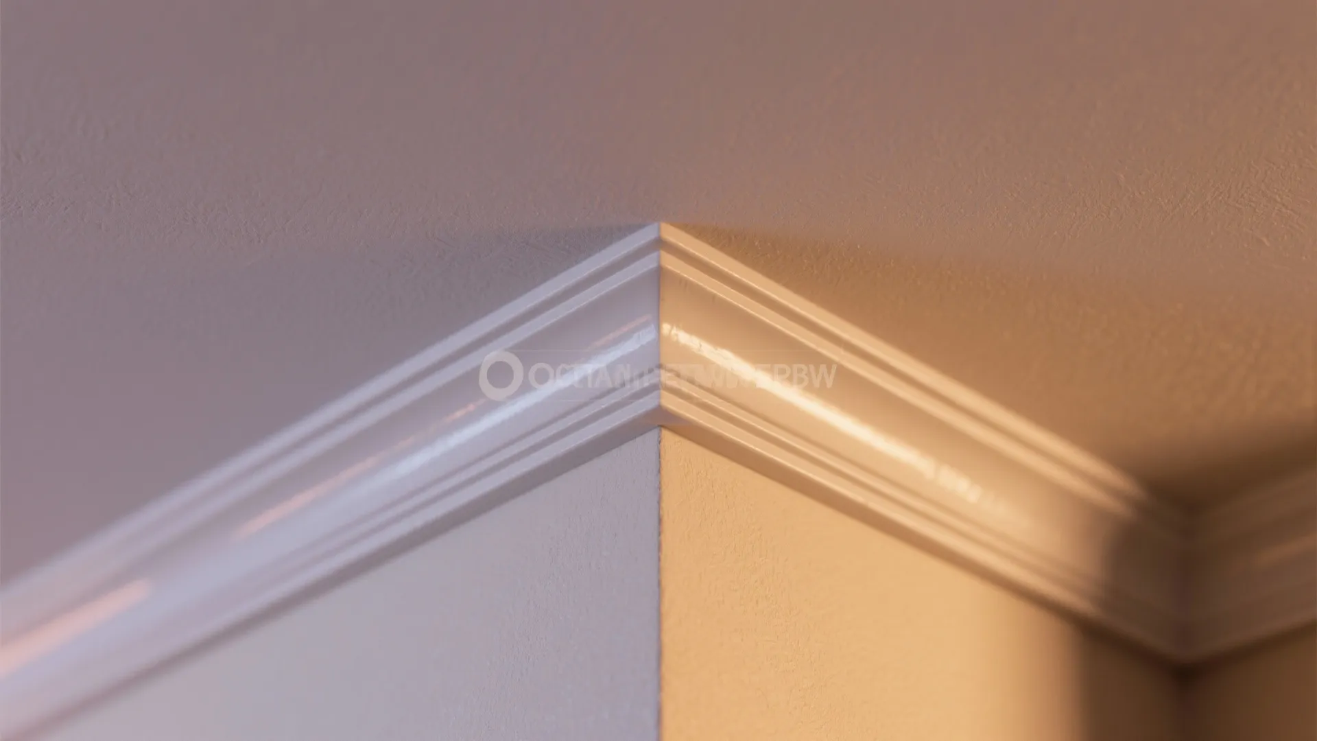 Close-up of slightly lighter ceiling and soft-gloss trim reflecting warm light, showing paint sheen and molding detail.