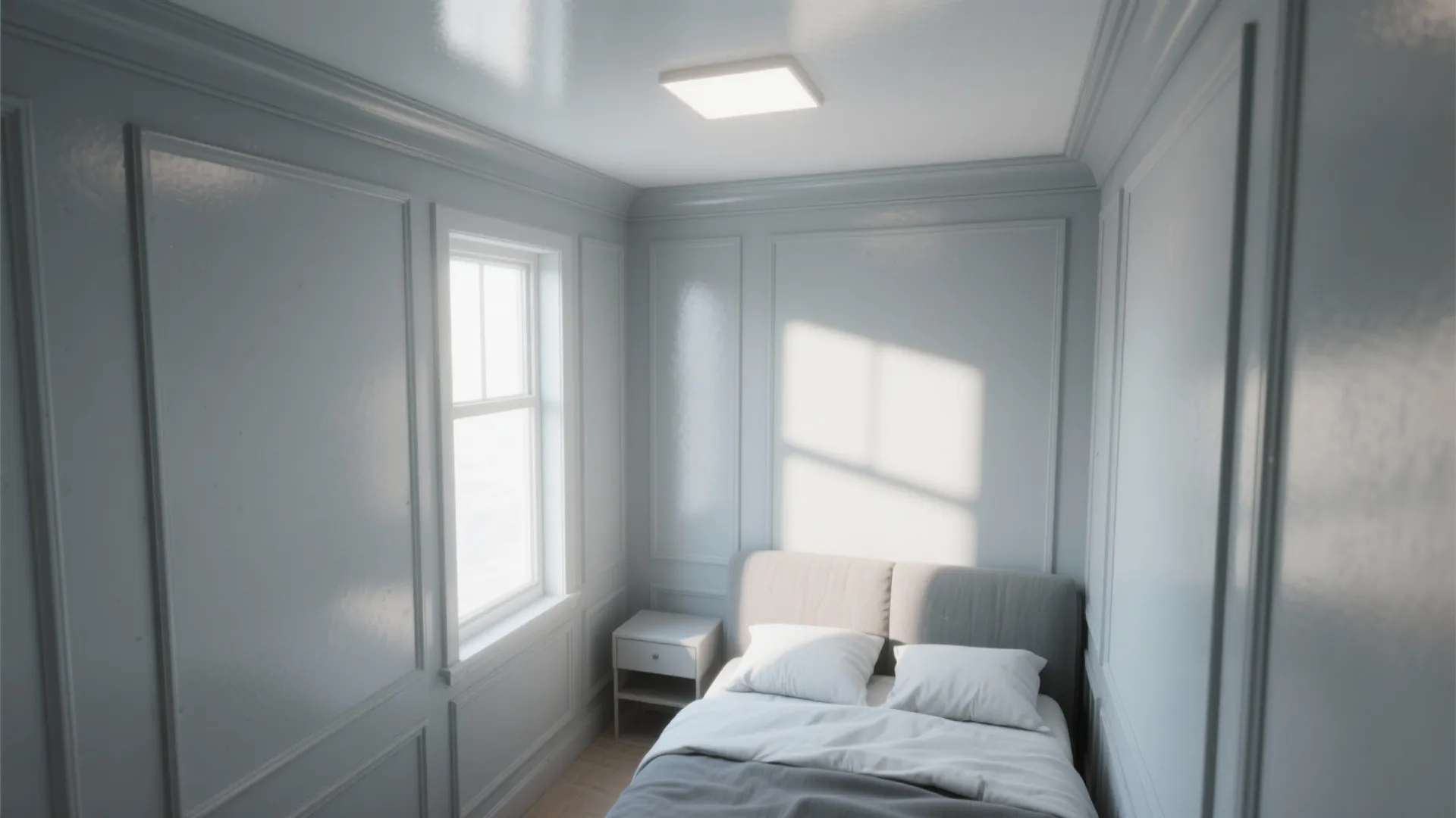 Small bedroom with grey wall panels window bed nightstand and a square white ceiling light