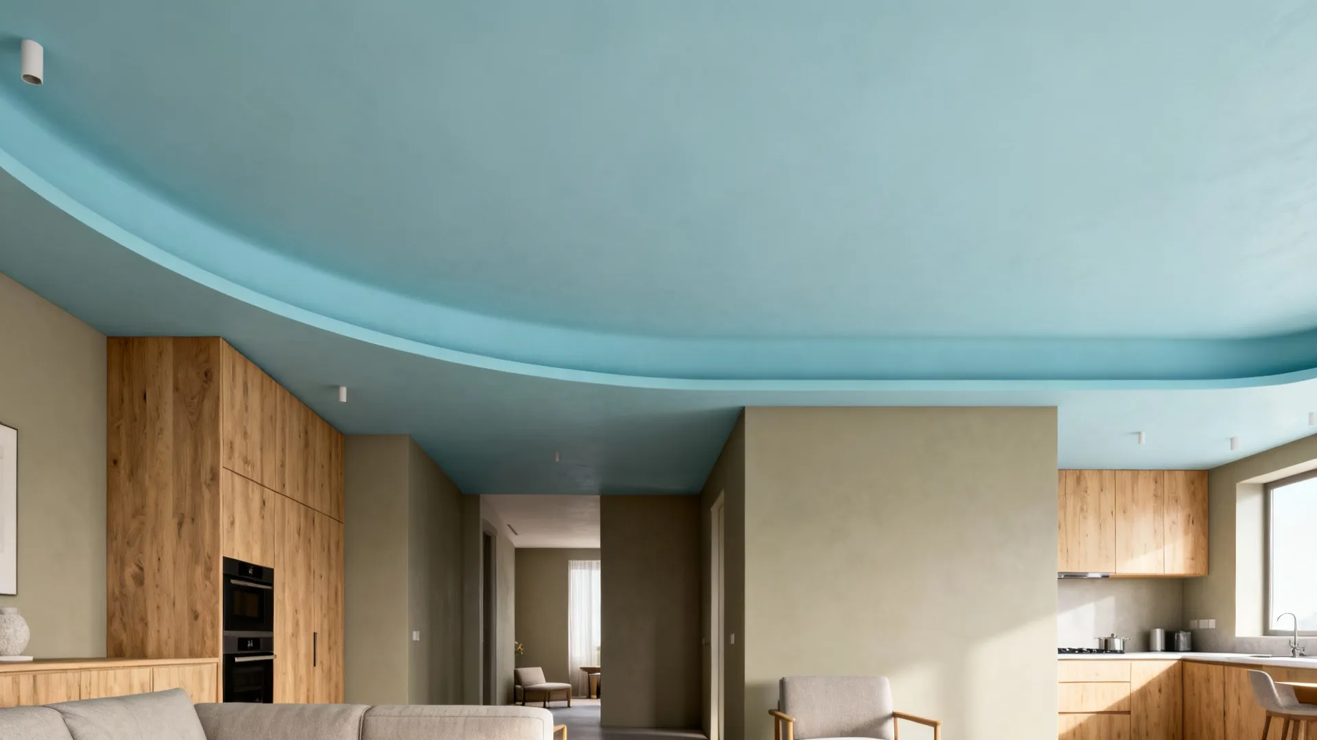 Open-plan interior with a pastel blue ceiling tying living and kitchen zones together.