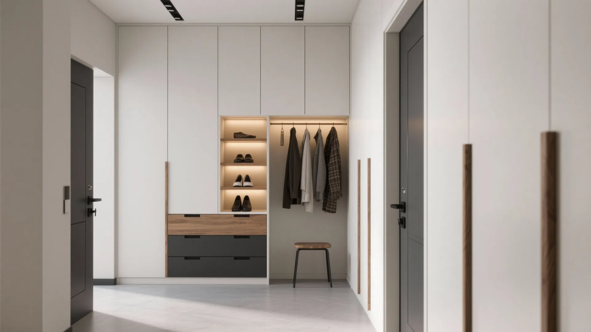 Modern hallway with built in white cabinet clothes hanging area shoe storage and small wooden stool