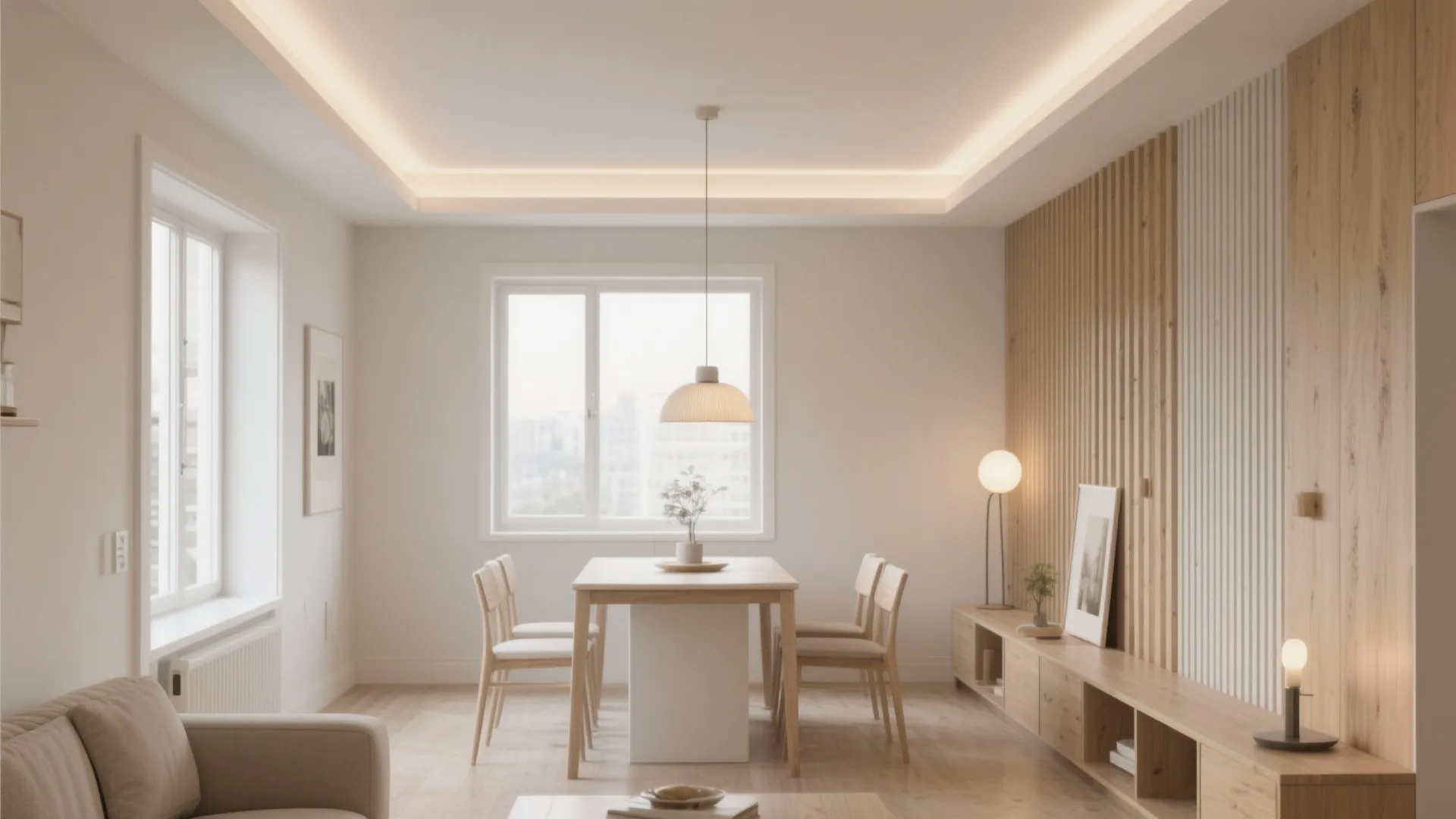 Minimalist dining room with wooden table and chairs under warm recessed ceiling lights and wall panel