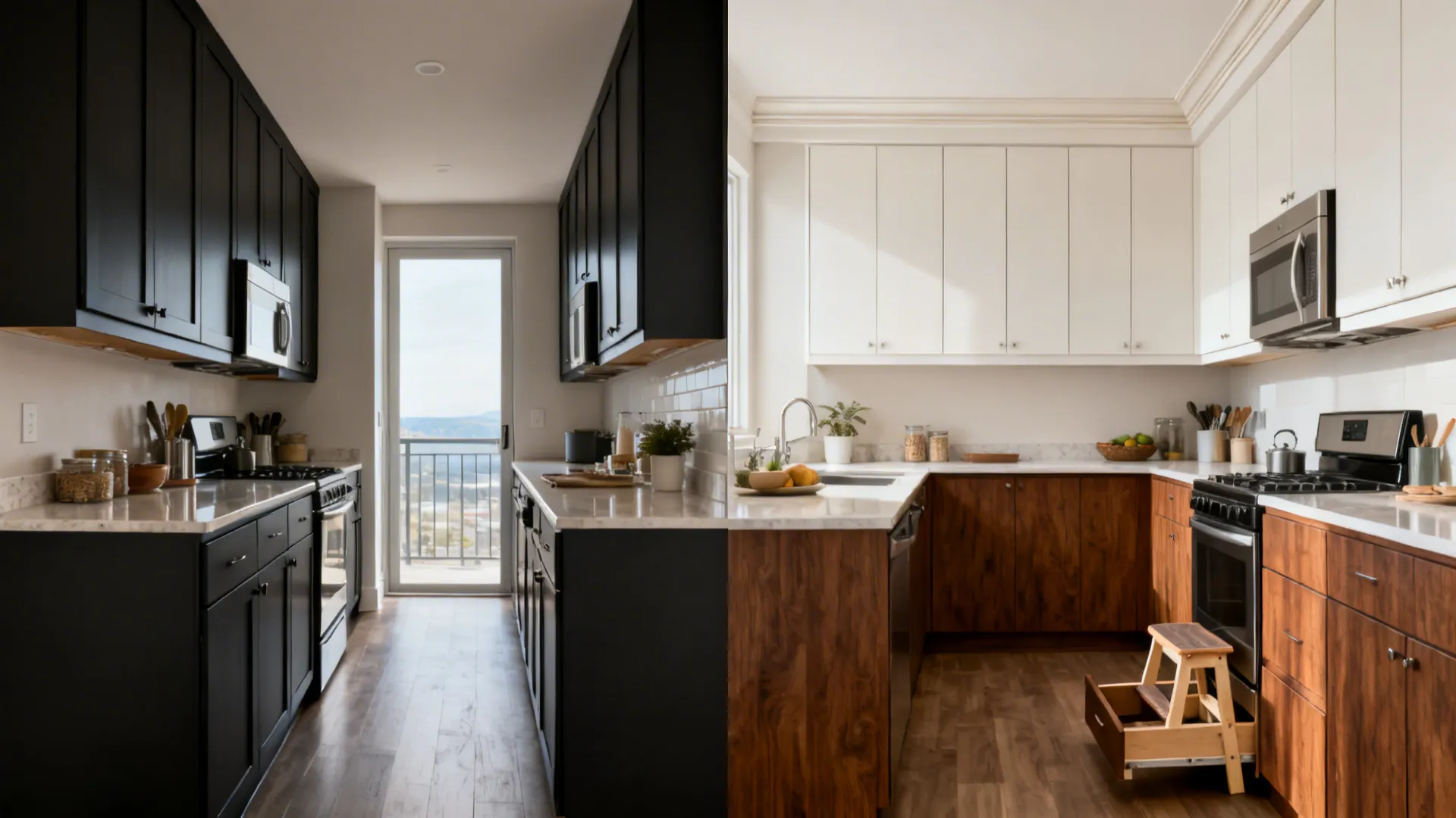 Before-and-after showing ceiling-height light uppers with walnut lowers in a narrow kitchen.