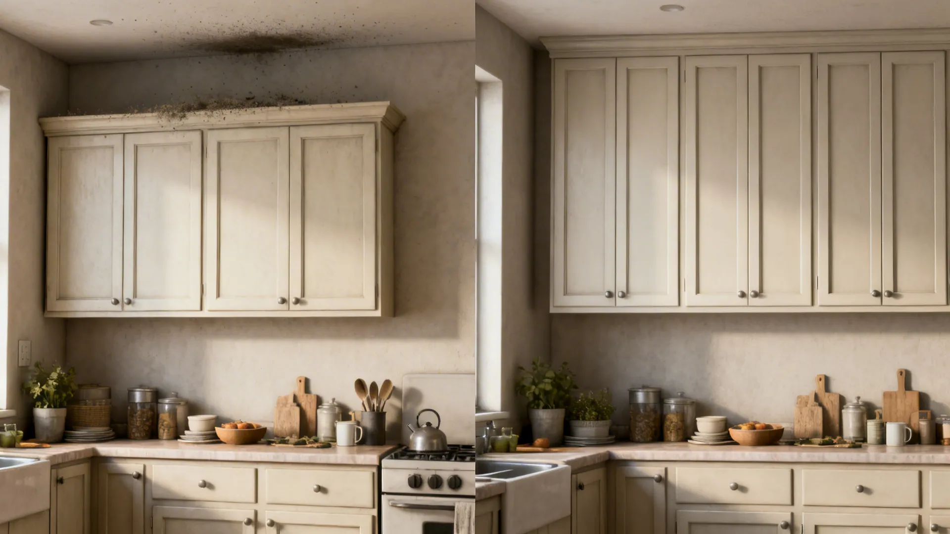 Before-and-after of apartment uppers showing standard height versus ceiling-high slim Shaker cabinets.