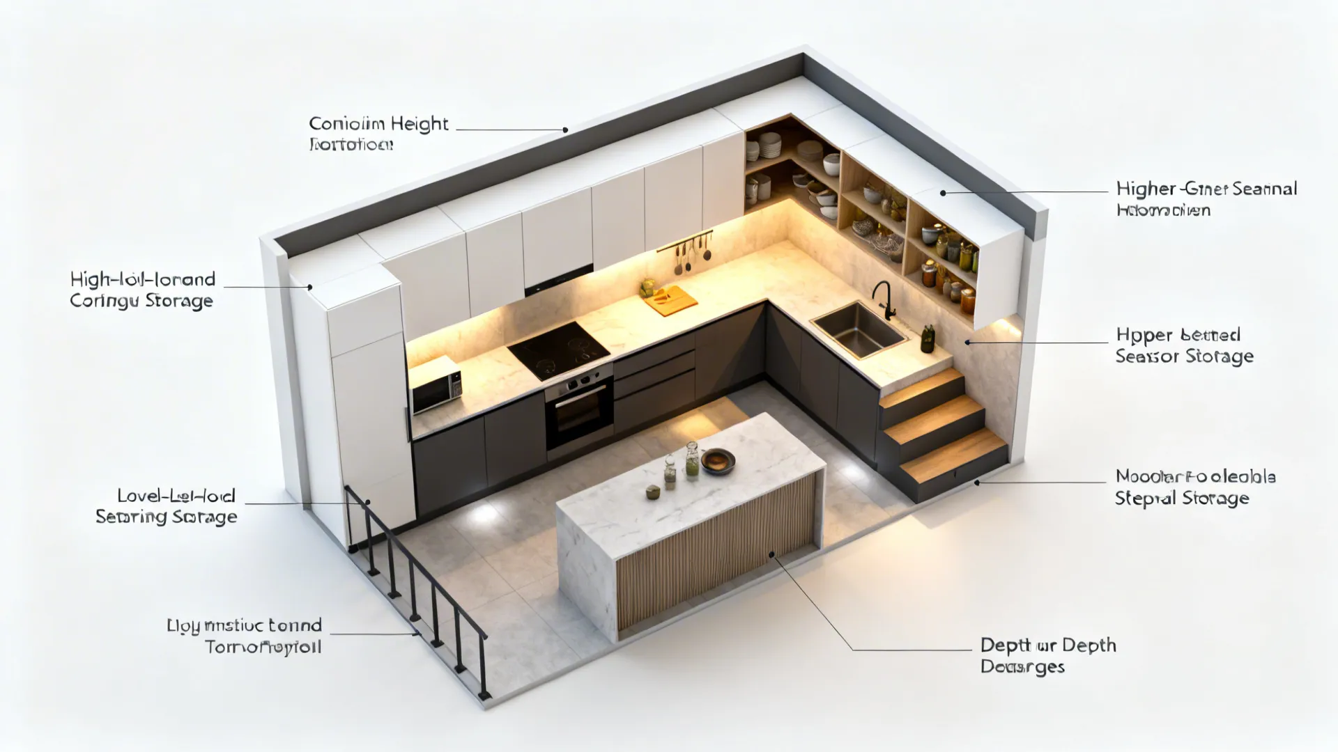 Top-down plan view highlighting main and upper storage zones in a compact kitchen.